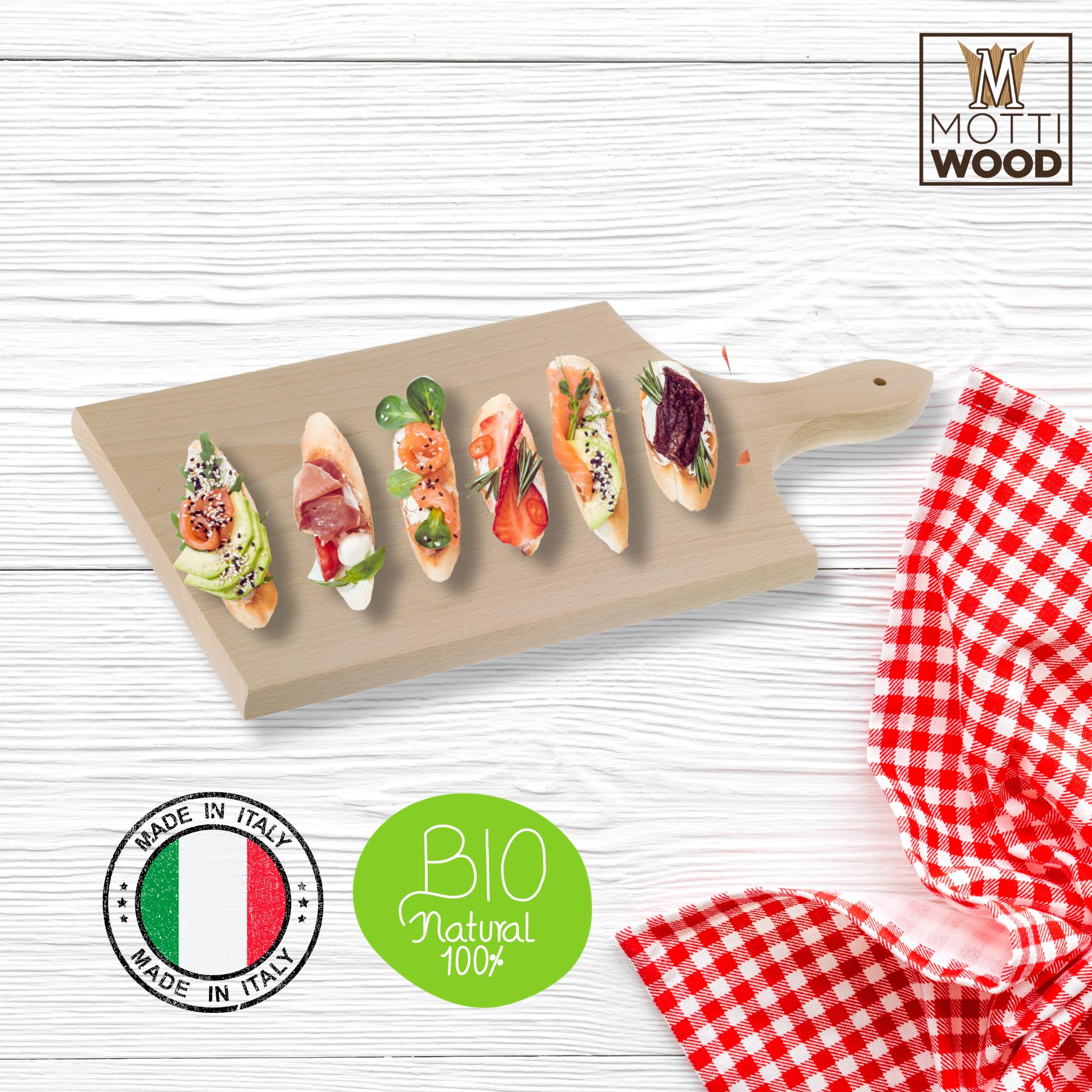 Set 10 Taglieri da Cucina con Manico, 100% Legno Faggio, Perfetto per Tagliare e Servire, Dimensioni 40x20x2hcm, Alta Resistenza, Made in Italy