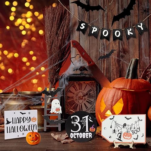 Miniatura 5 de 14 piezas de decoración de bandeja escalonada de Halloween, Boo Happy Halloween, juego de decoraciones de Halloween con cadena de luces LED,