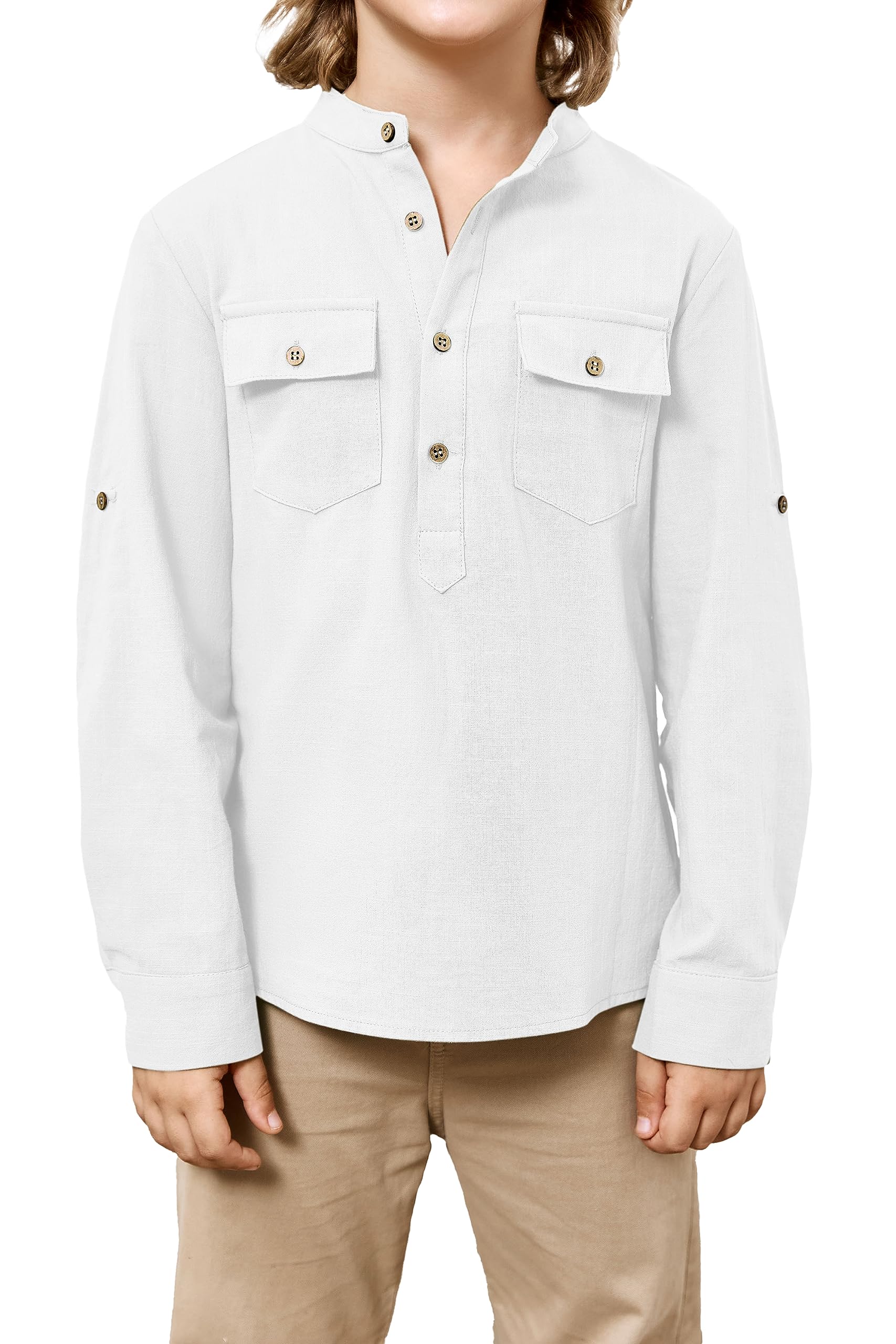 Saodimallsu Camisa informal para niño, corte regular, manga larga, camisa de lino, cuello alto, camiseta Henley, camisa ligera para el tiempo libre
