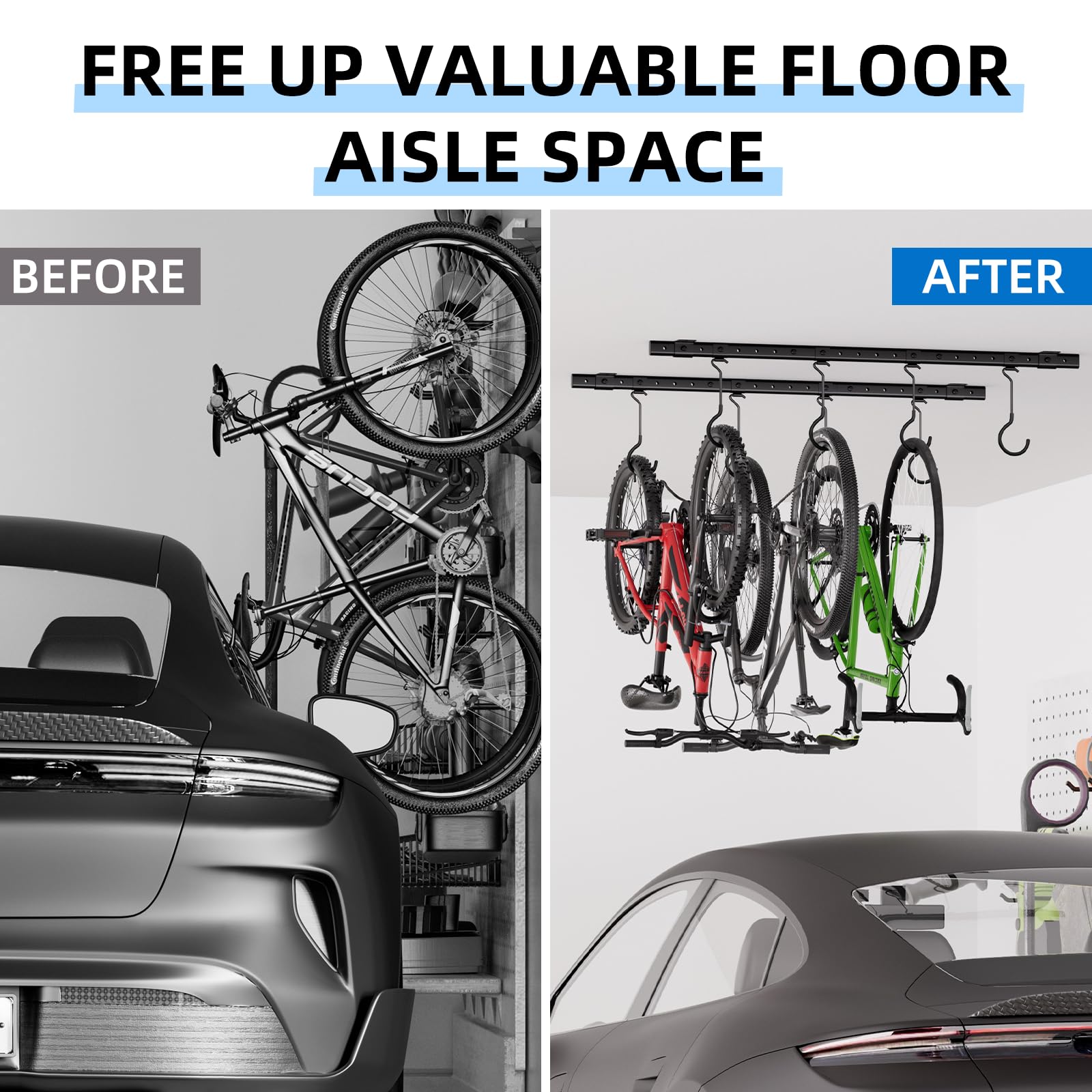 Urban Deco Portabici da soffitto per garage, sistema di ganci per biciclette con 8 ganci regolabili da soffitto per contenere 4-8 biciclette, soluzioni di archiviazione per biciclette da garage per