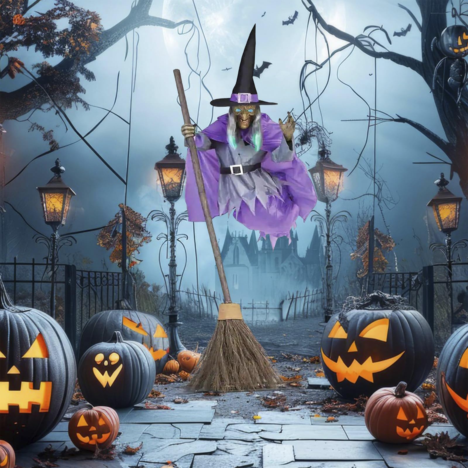 Fliegende Hexe Auf BesenHalloween, Animatronic Halloween Figuren mit Gruseligem Sound und Lichtern für Outdoor Deko