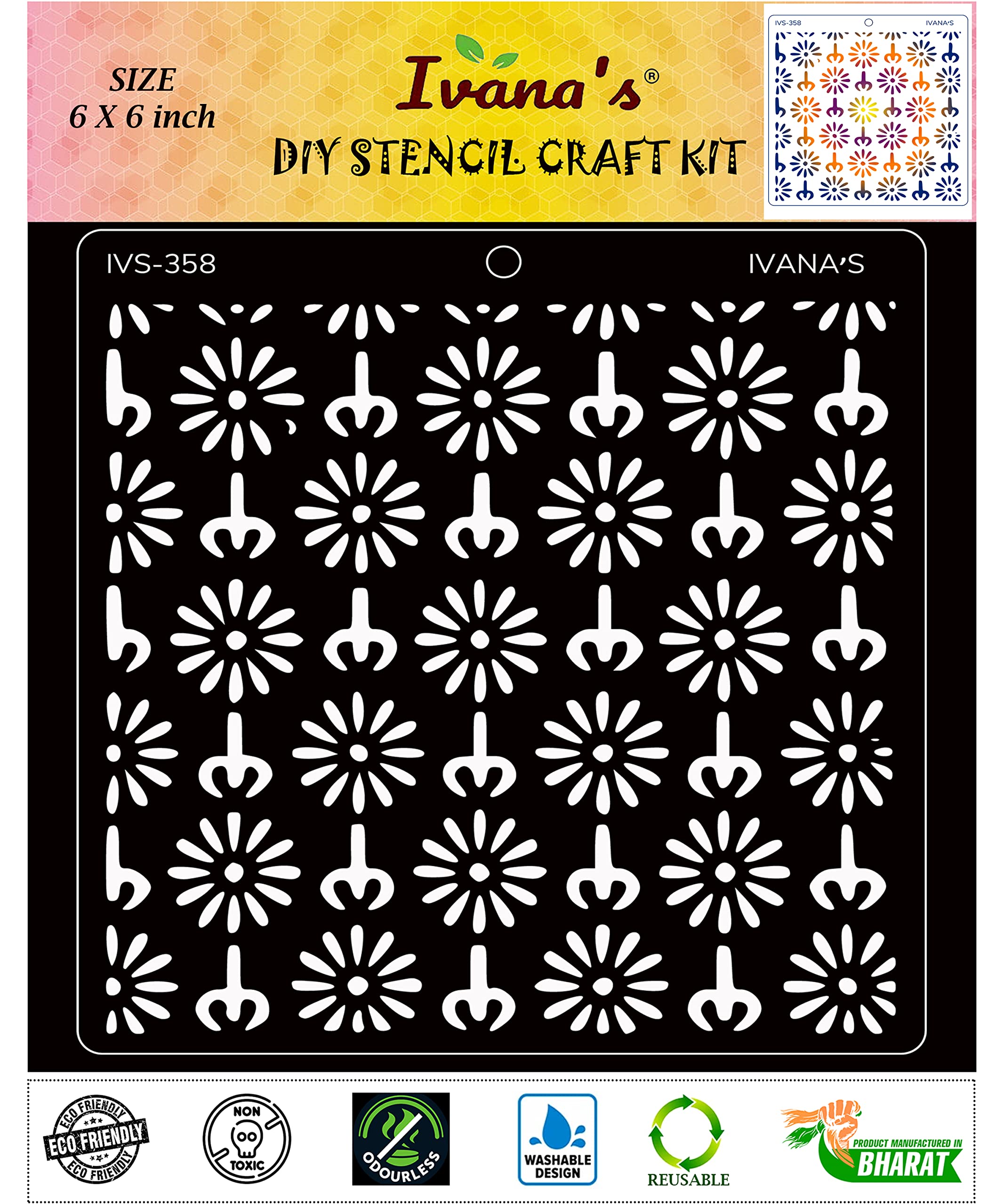 Ivana's Art & Craft Reusable Stencil for Art & Craft, DIY Decorative Stencil for Painting on Canvas, Fabric, Cloth, Paper, Glass, Furniture and Wall, Size - 6 x 6 inch, Pack of 1, IVS-358