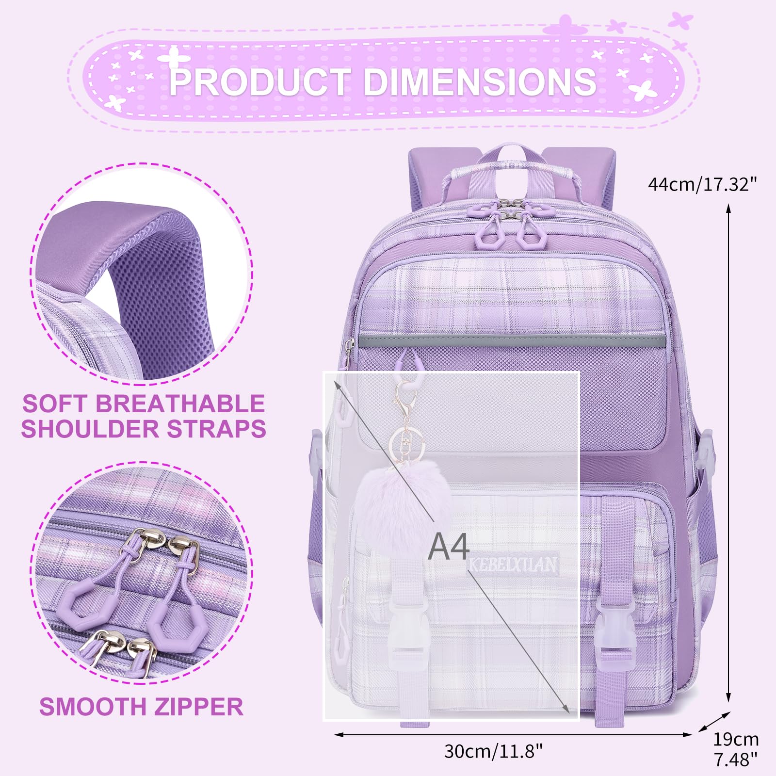 KEBEIXUAN Mochilas Escolares Niña, Personalizada Mochila Colegio Niña de 6 a 12 Años, Kawaii Ligeras Mochila de Niñas Escolar con Colgante