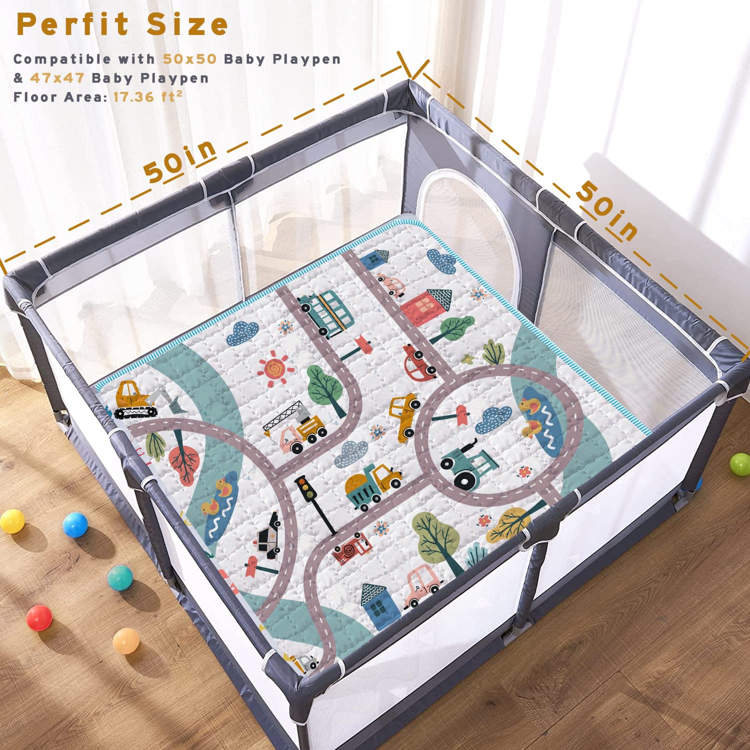 Tapetes de juego para bebé para piso, tapete de juego de 50 x 50 pulgadas, tapete de juego para automóvil antideslizante acolchado para gatear, tapetes de juego gruesos y suaves para bebés pequeños 2