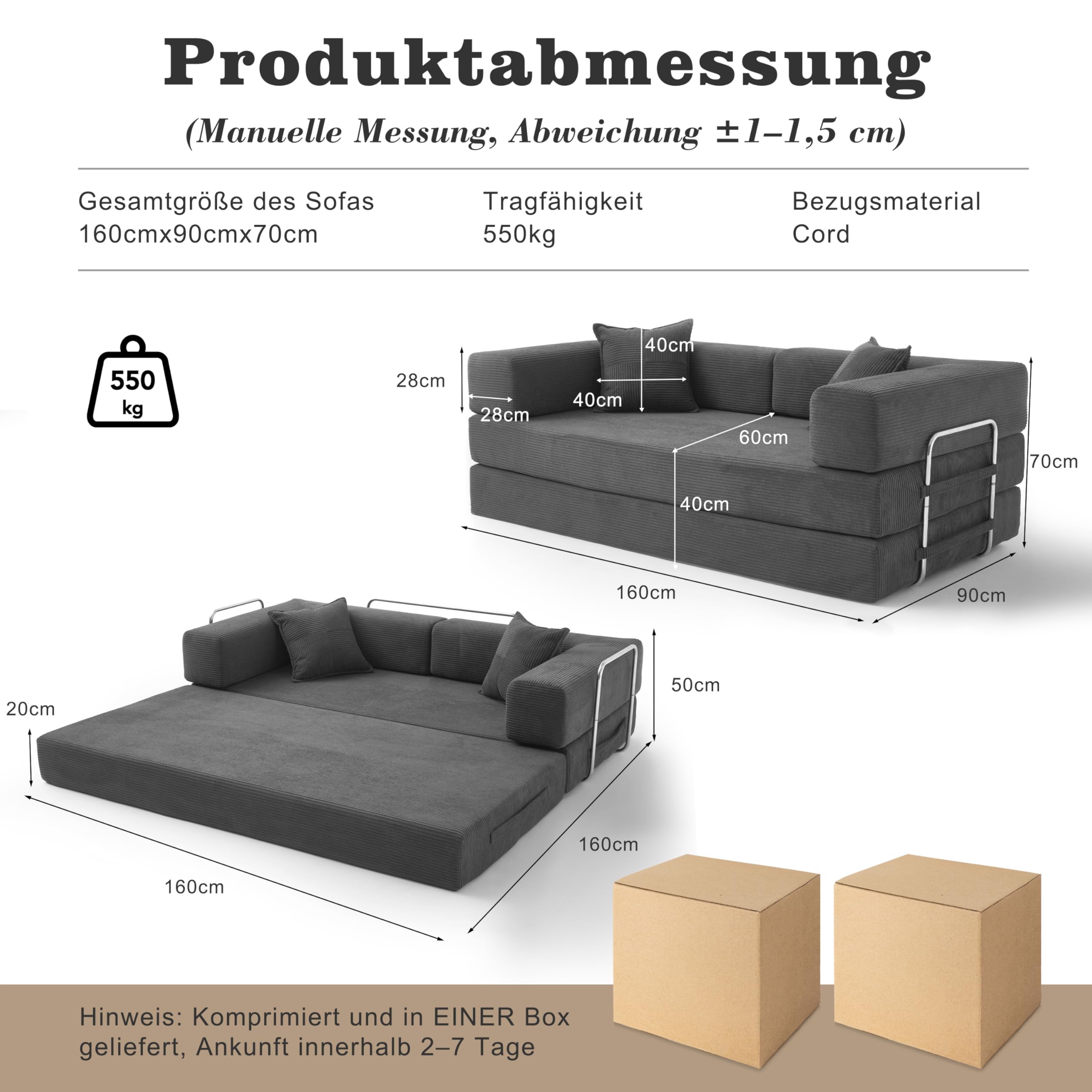Vipbear Divano letto velluto a coste 160×90×70 cm, divano a pavimento trasformabile 5-in-1, schiuma ad alta densità, pet-friendly ed ergonomico, senza montaggio, Grigio