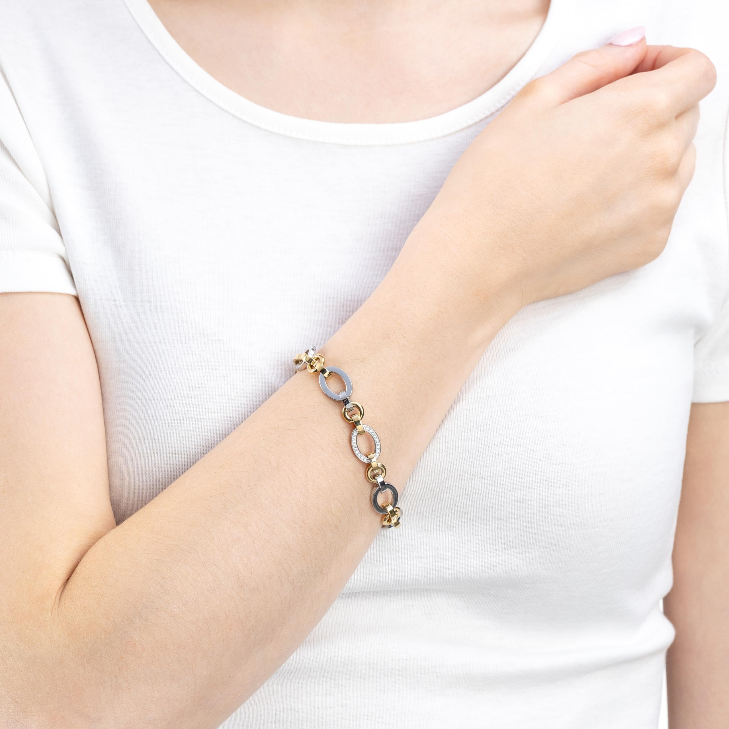 JEWELS BY LEONARDO Bracciale Lena • Bracciale in acciaio inox dorato • Catena bicolore • Zirconi incastonati • 19-21 cm di lunghezza • Gioielli regalo da donna • 023403