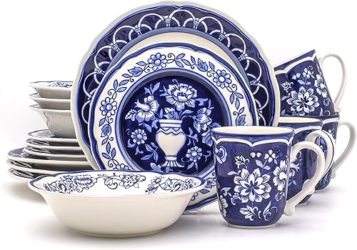 Miniatura 4 de Euro Ceramica Blue Garden - Juego de vajilla de cerámica pintada a mano de 16 piezas, apta para horno, servicio para 4, diseño de jarrón