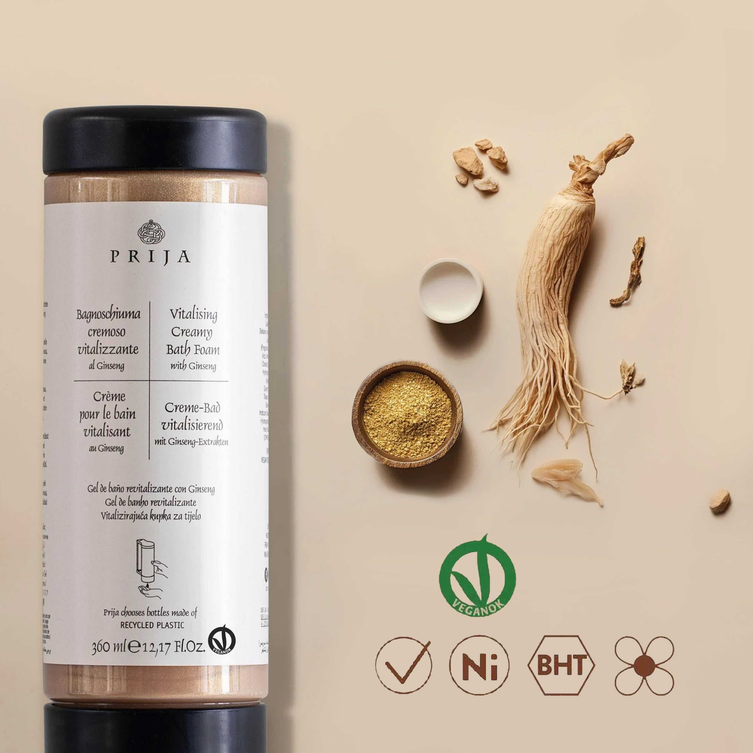 PRIJA Odżywczy płyn do kąpieli z drobinkami złota, kremowa pianka, żeń-szeń, wkład do dozownika 360 ml (6x360ml, Żeń-szeń)