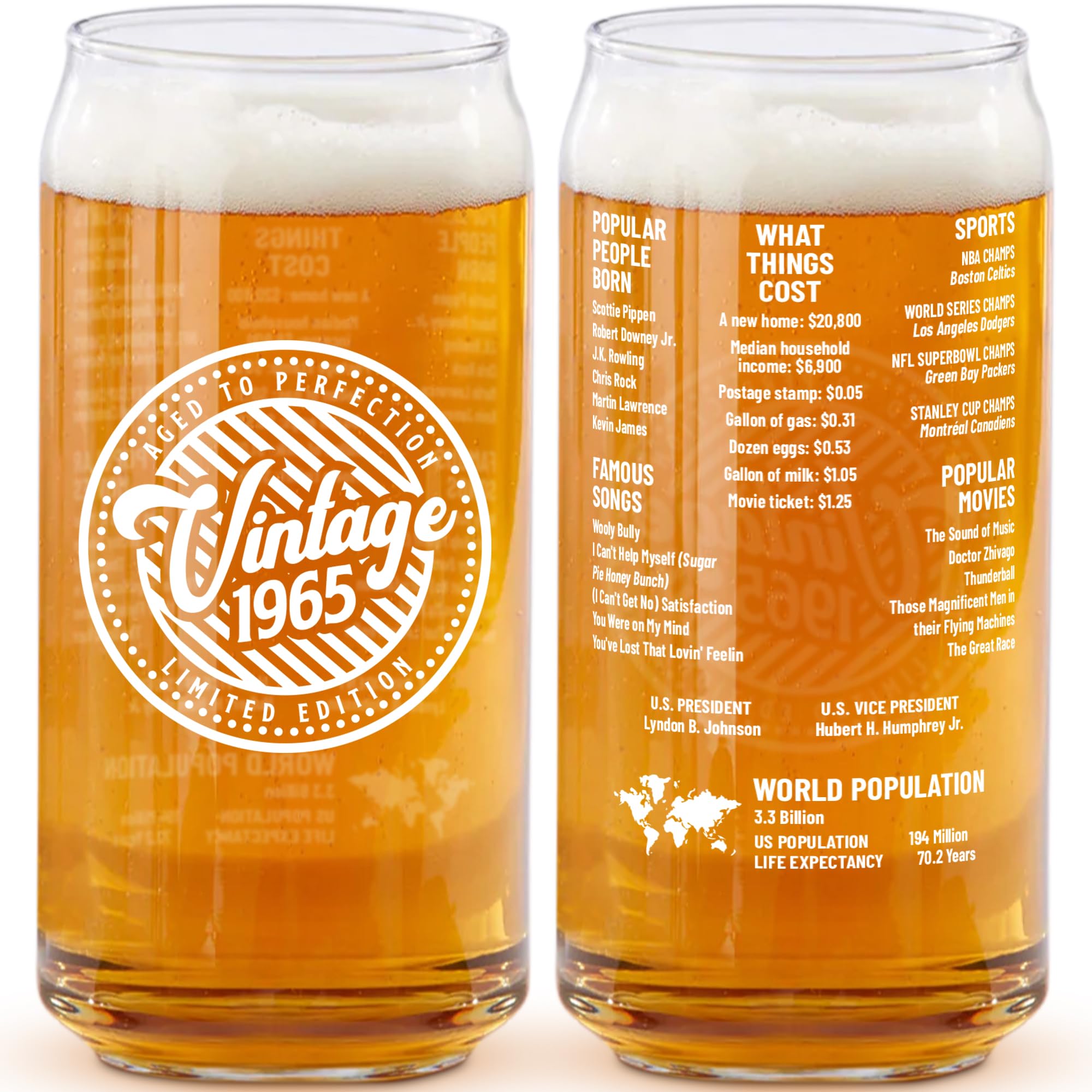 60th Birthday Gift For Men - 20 Oz Vintage - 60th Birthday Gift for Men Women - Vintage 1965 Two-Sided Beer Can Glass (1 Count) - Funny Unique Gift for His or Her 60th Birthday or Anniversary (1965)