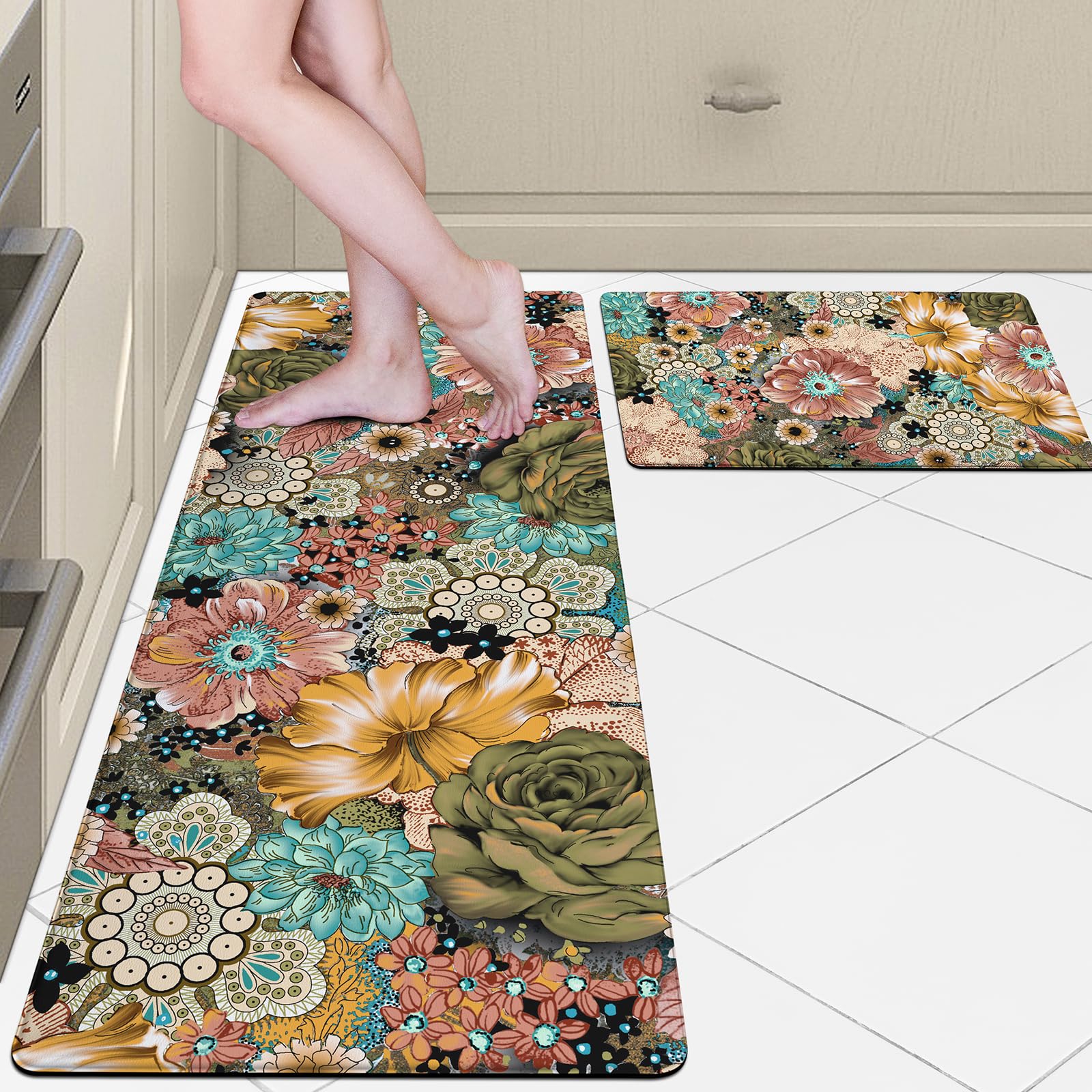 Photo 1 of Boho Kitchen Mats Anti Fatigue Cushioned Flower Kitchen Rugs Sets of 2 Washable Kitchen Floor Mats Non Slip Waterproof Standing Mat for Kitchen Decor Sink Laundry Office 17.5"x29.5"+17.5"x47" Boho Flower