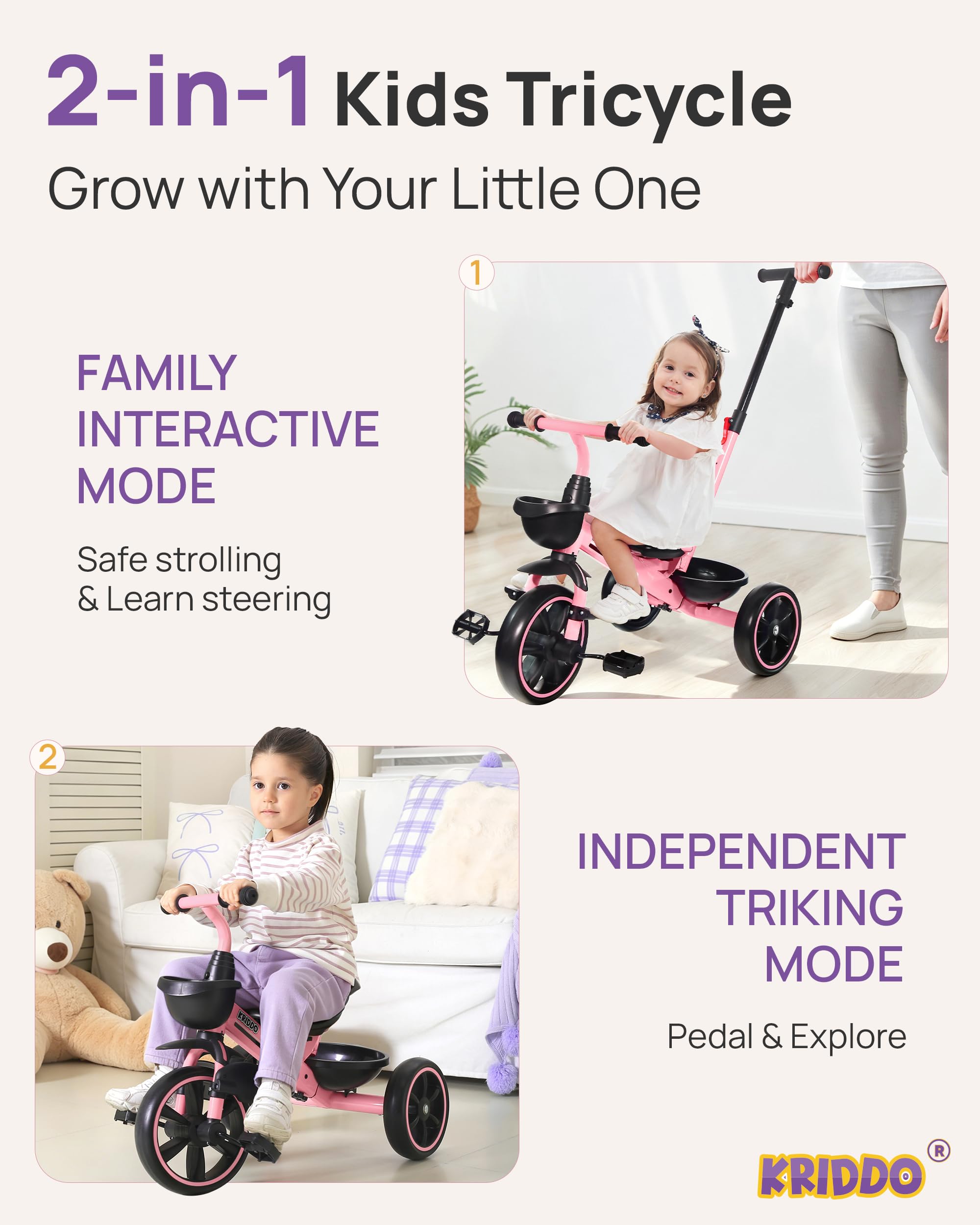KRIDDO Rower trójkołowy 2 w 1 dla dzieci od 18 miesięcy do 5 lat, z przedłużonym drążkiem do pchania dla łatwego przesuwania, rower trójkołowy dla dzieci w wieku 3-5 lat, rower trójkołowy ze składanym