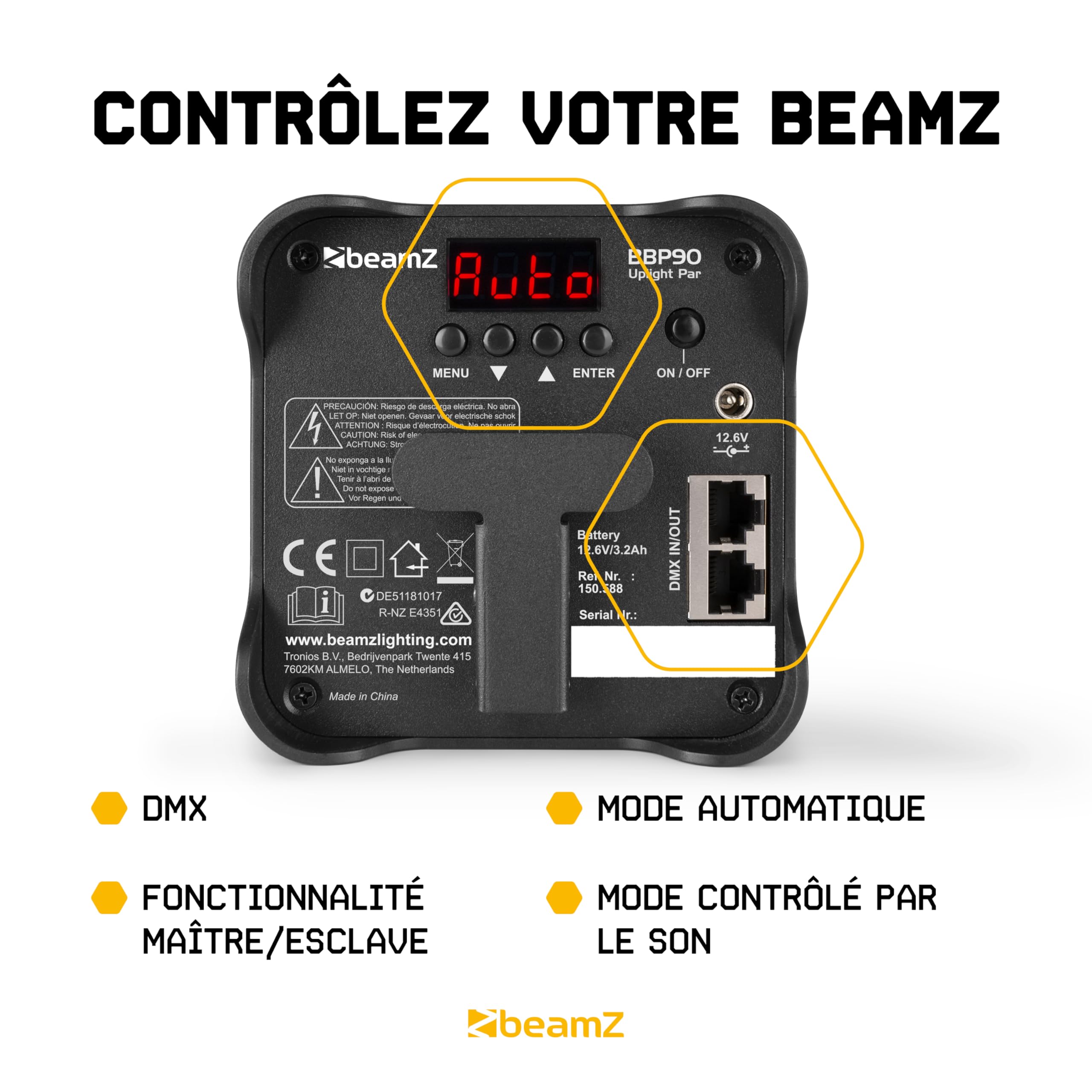 BeamZ BBP90-4x Projecteurs d’Ambiance sur Batterie - Noir, 4 x 4 Watts RGB-UV, Autonomie 20H, Câble DMX Inclus, Modes Automatiques, Idéal pour les Mariages, Architectures...
