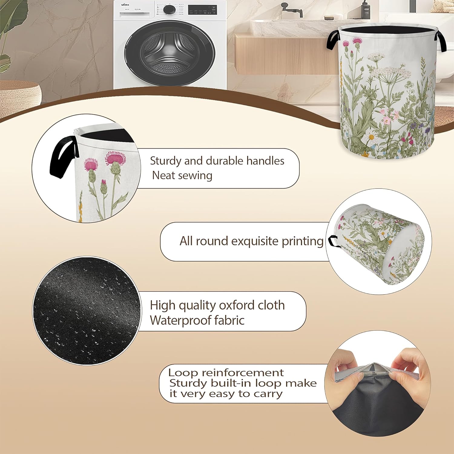 Laundry Hamper,Rustic Wild Flowers Laundry Basket,Spring Floral Portable Collapsible Laundry Room Organization Storage for Dorm Room,Nursery,Bathroom,Bedroom,16x20 Inch