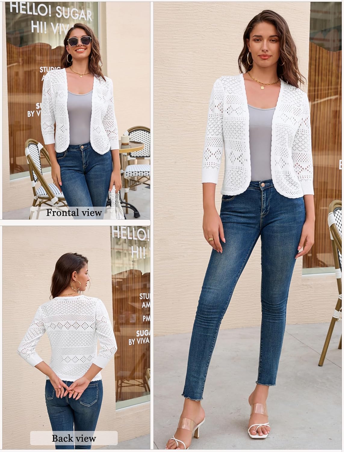 GRACE KARIN Women's 3/4 Sleeve Open Front Cropped Cardigan Summer Lightweight Hollow Out Knit Shrug - Image 2