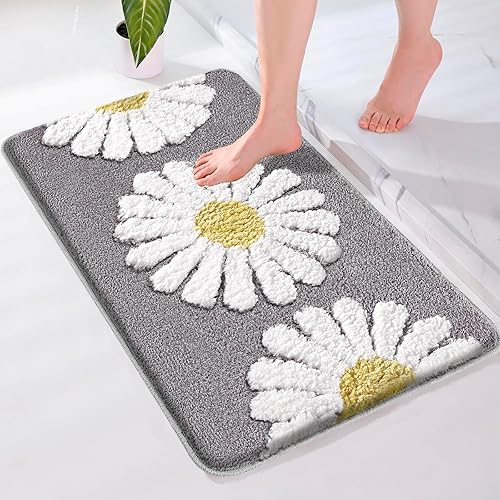 Vista 12 de Tapetes de baño grises, bonitos tapetes de baño con margaritas, microfibra extra suave y absorbente, antideslizante, para baño, ducha, dormitorio