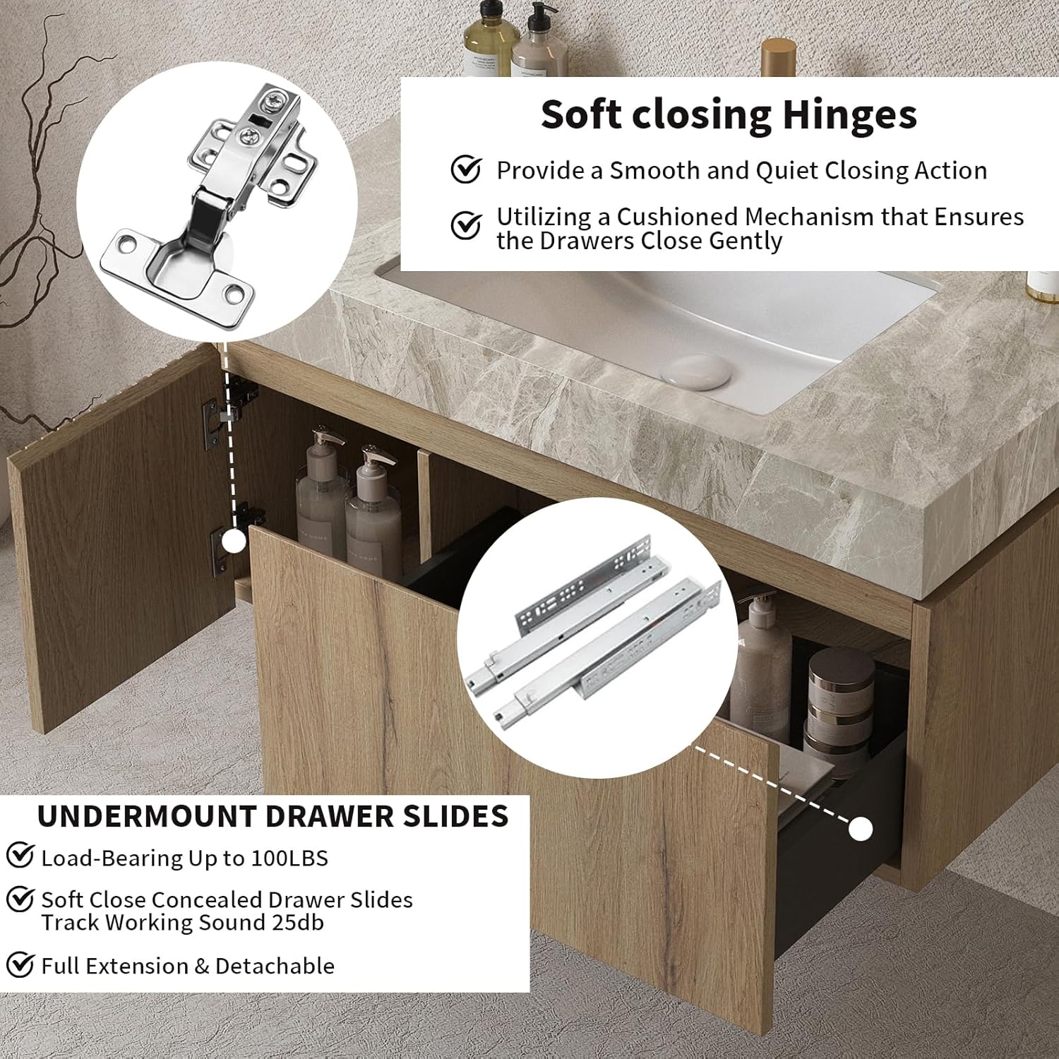 LKTART Floating 36 Inch Bathroom Vanity with Sink, Modern Plywood Wall Mounted Bathroom Storage Cabinet with 1 Door and 1 Drawer, Roma Travertine-Pattern Sintered Stone Countertop and Ceramic Basin
