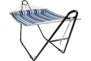 Double Quilted Fabric Hammock on Black Steel Universal Stand with 450-Pound Capacity:...