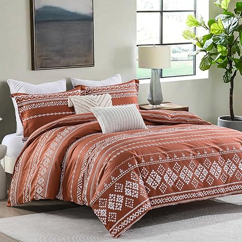 Miniatura 7 de Bedduvit Juego de funda de edredón bohemia tamaño Queen, 100% algodón, 3 piezas, suave y transpirable, color naranja quemado, bohemio, con cierre de