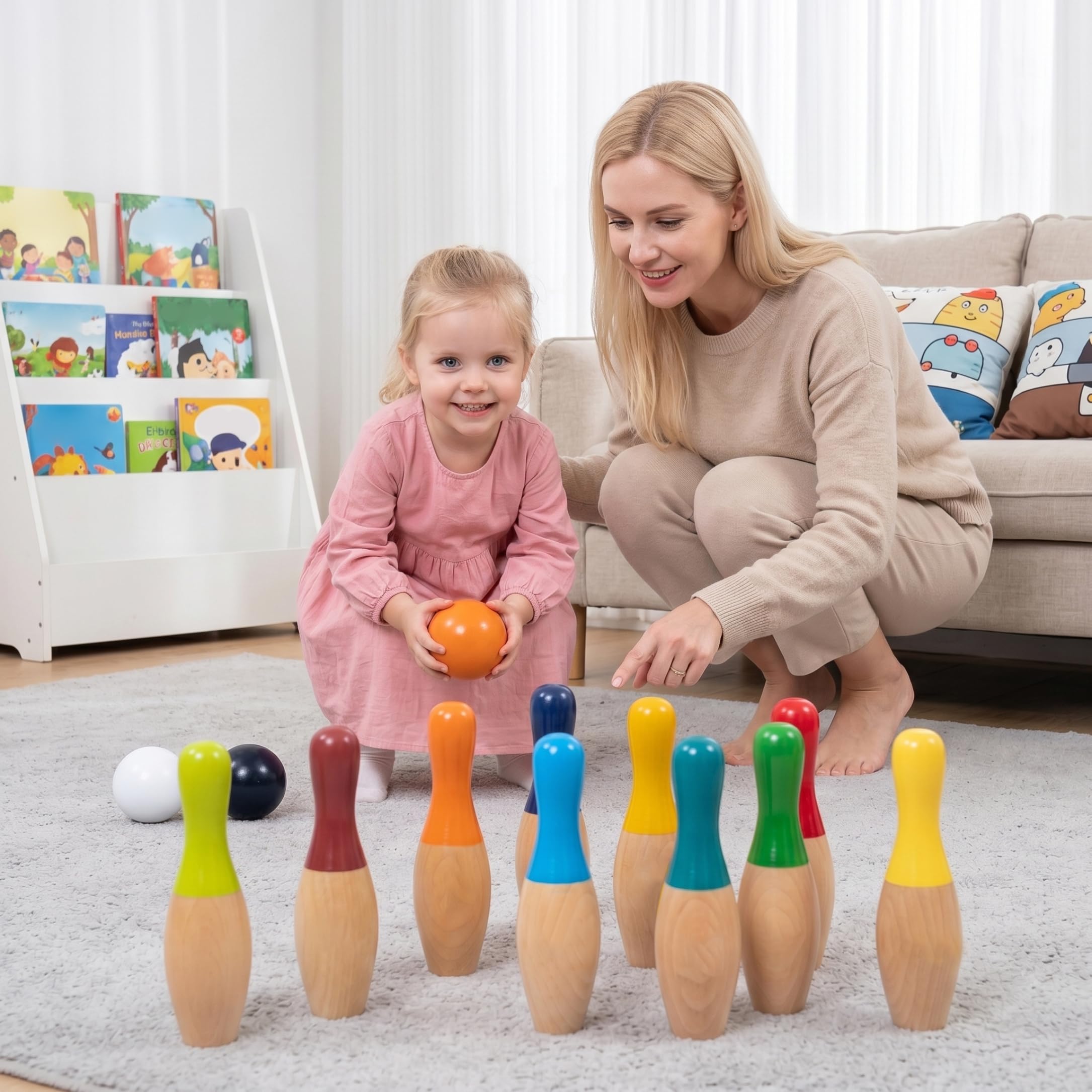 Juego de Bolos para niños, Juego Interactivo de Madera para niños pequeños de 2 a 5 años, arcoíris, 1, 7 kg.