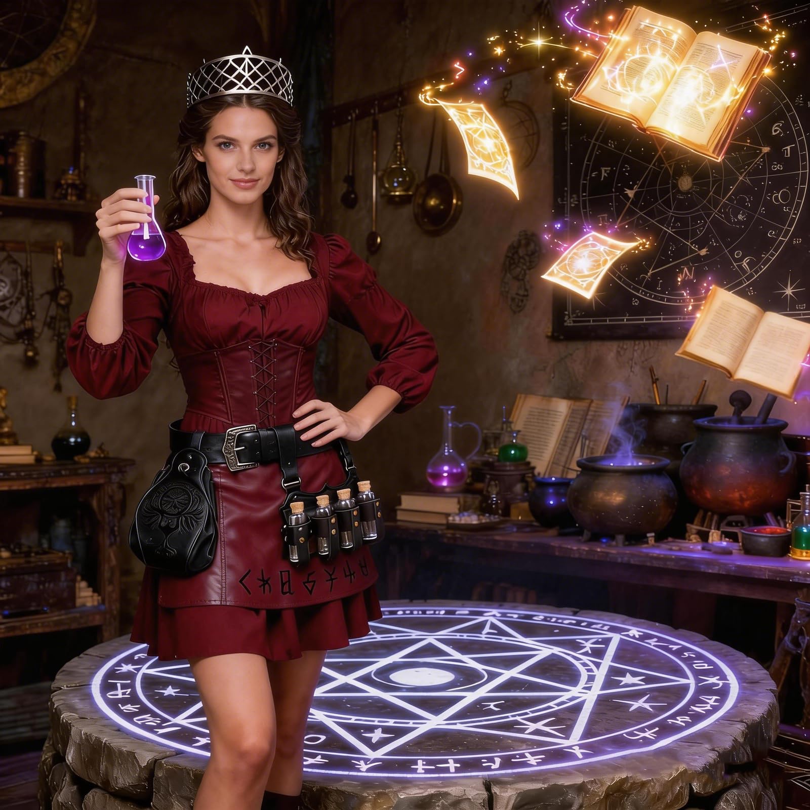 Juego de cinturón medieval con riñonera y varias botellas de poción, riñonera vikinga, piel sintética, diseño de magia, botella de poción mágica para cosplay, carnaval