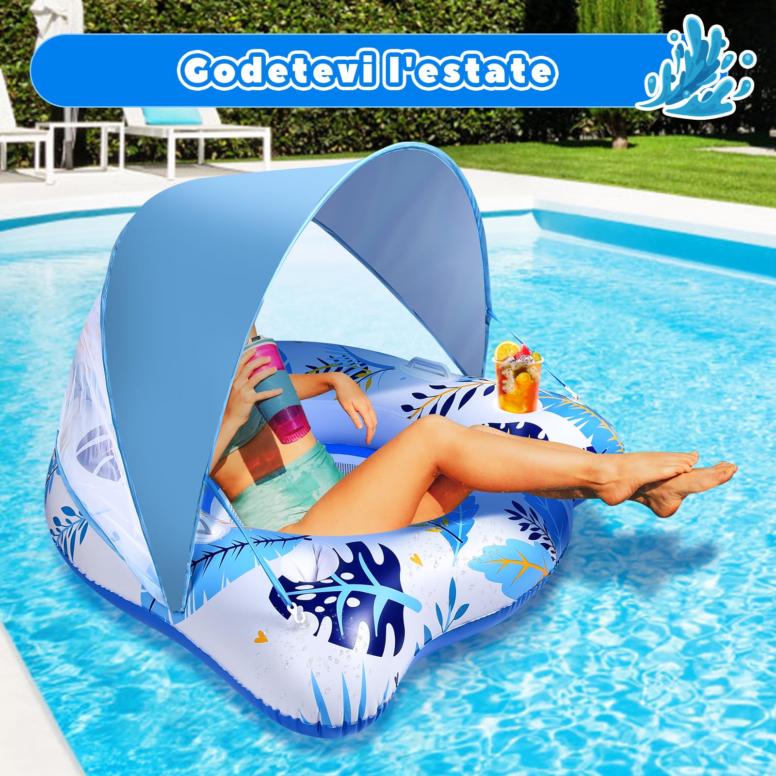 JONRRYIN Gonfiabile Piscina Adulti con Parasole Rimovibile, Galleggiante da Piscina, Sedia Galleggiante Piscina Adulti con Portabevande e Schienale e Bracciolo per Esterni, Spiagge, Piscine, Laghi