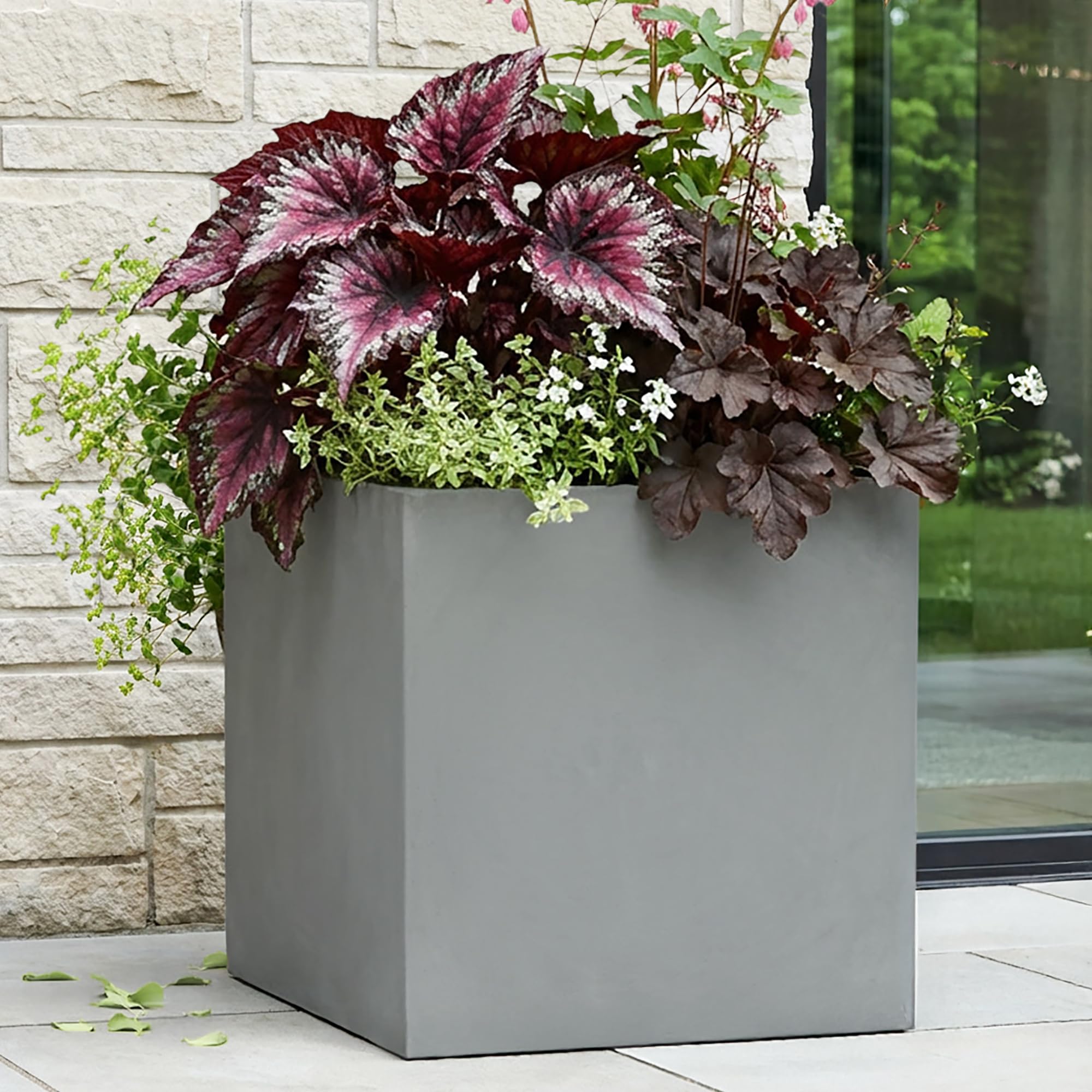 IDEALIST 50cm Large Square Planter for Trees | Grey Reinforced Stone Flower Pot with Drainage Holes L50 W50 H50 cm, 126 litres