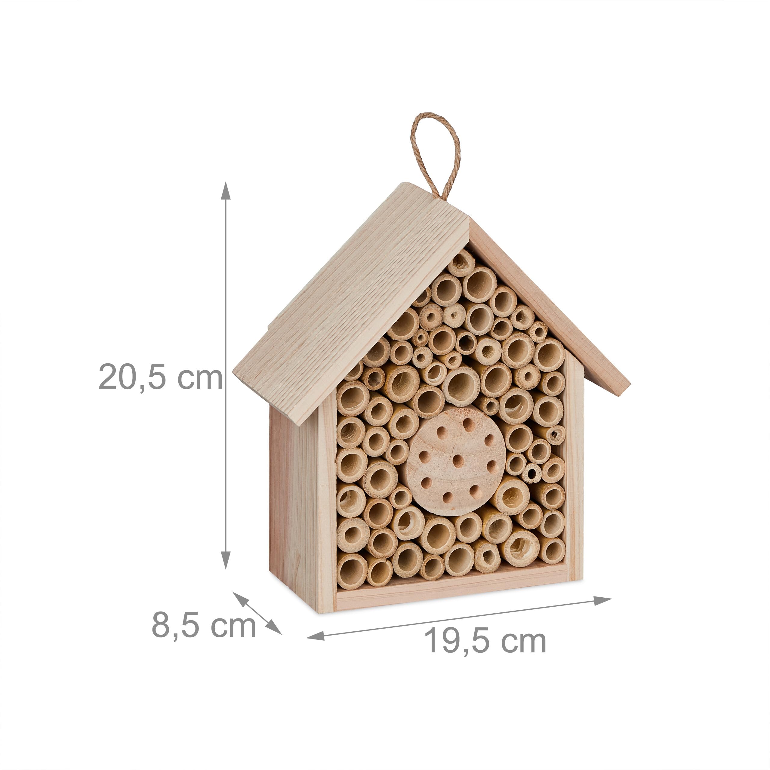 Relaxdays Nido para Abejas Solitarias, Hotel para Insectos, Madera, Exteriores, Colgante, 20,5 x 19,5 x 8,5 cm, Natural