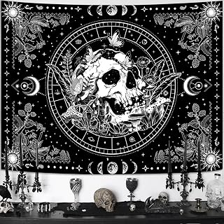 Aipon Black & White Skull Mushroom Tapestry - Hippie Floral Skeleton Wall Hanging for Bedroom Dorm Living Room (48x36 Inch)