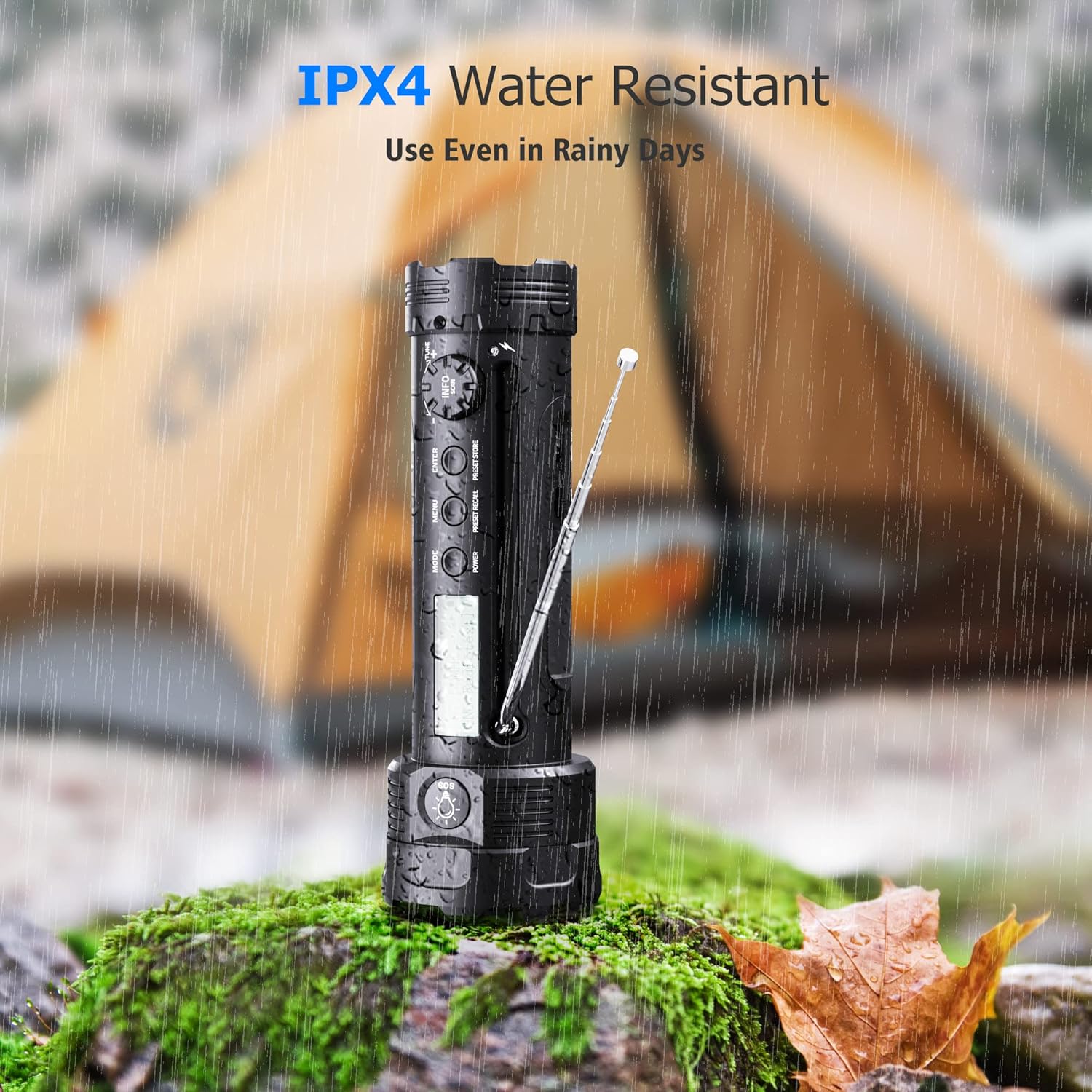 Mesqool MEU-1020DAB-B emergency radio with its reading lamp extended, illuminating a book inside a tent.