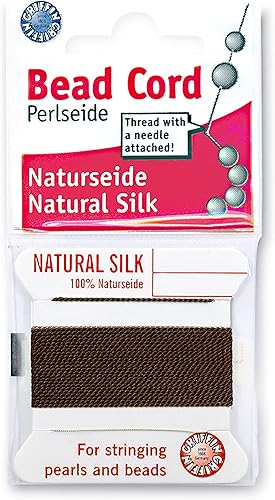 Griffin Cordón de cuentas de seda Perlseide  Color marrón  Tamaño 10 (0.035 in)  6.6 ft por tarjeta  Aguja de acero inoxidable adjunta  para anudar