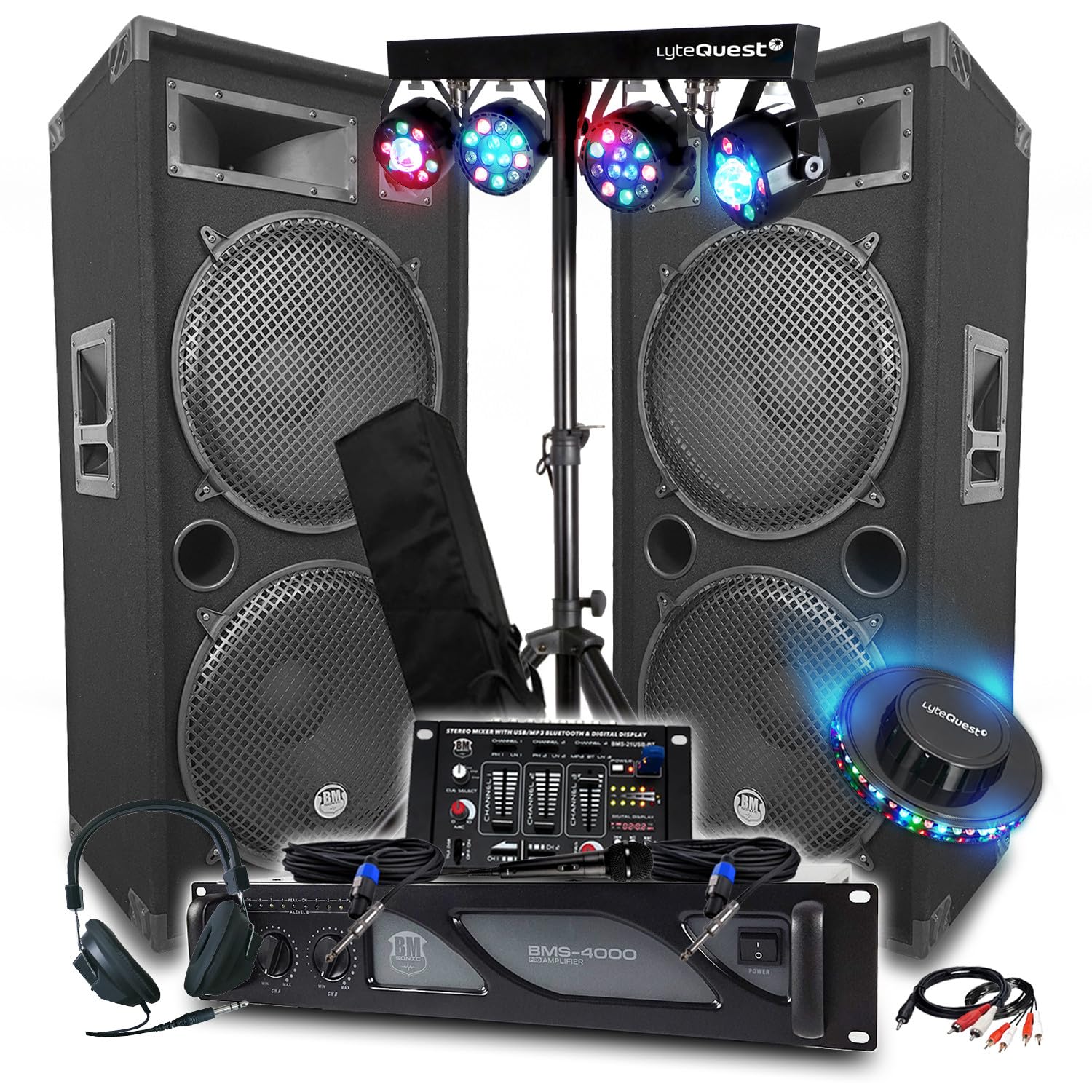 Pack de sonido DJ Amplificador 4000 W, 2 mega altavoces 4x38 cm de 2x2000 W, mesa de mezclas Bluetooth, arcos con 8 luces LED, para club o bar