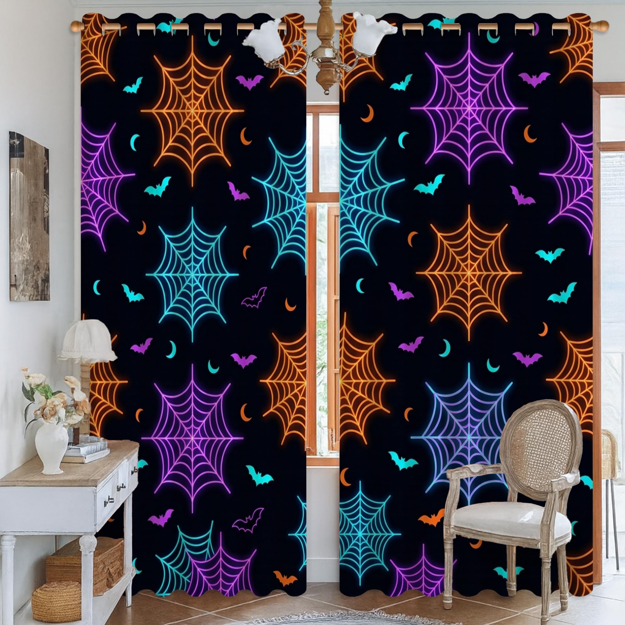 Cortinas opacas de telaraña, murciélago espeluznante, violeta, Halloween, negro, sin arrugas, para decoración de sala de estar, cocina, 52 x 95 pulgadas
