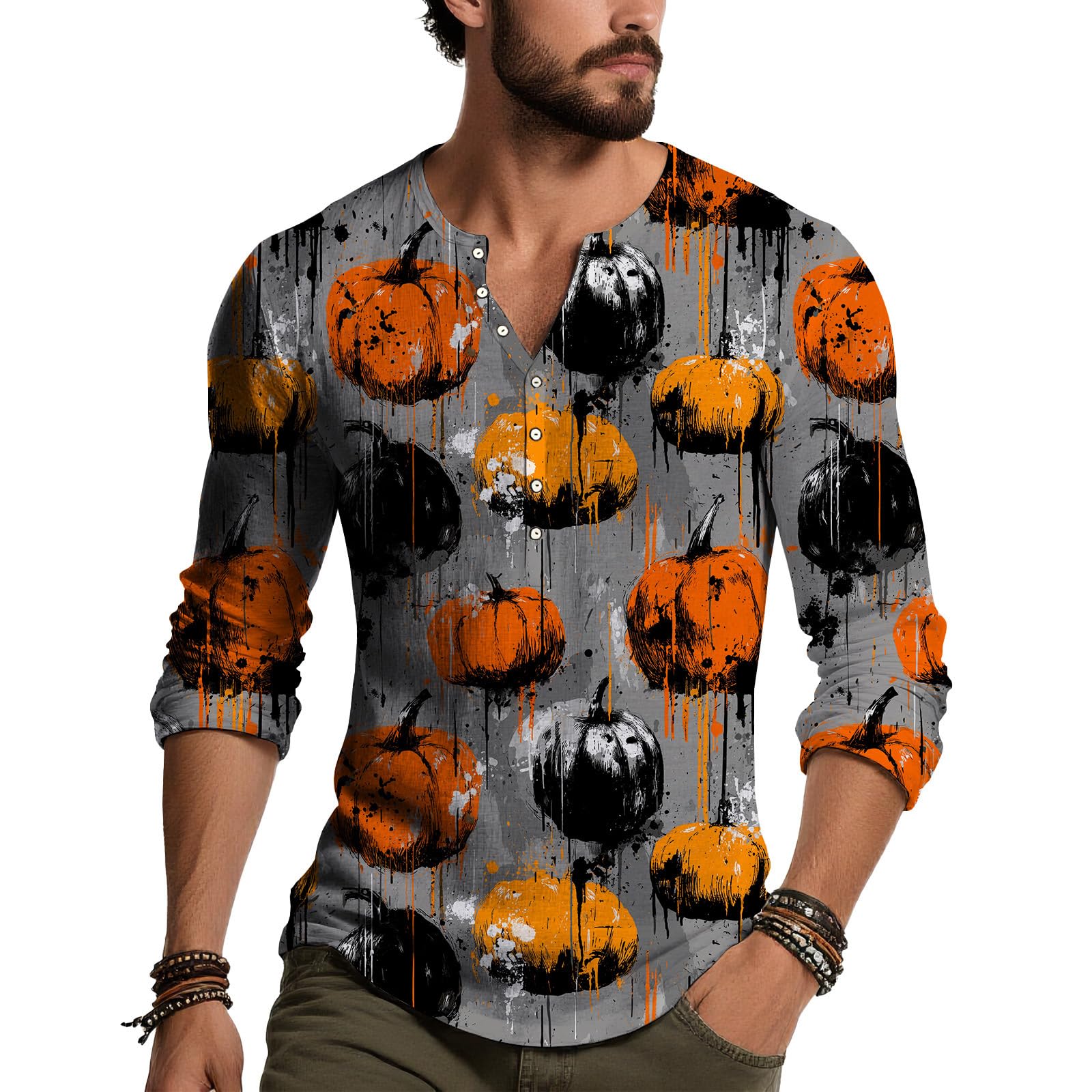 Men's Vintage Washed Skull Graphic Henley Shirt Long Sleeve Slim Fit Button Neck Streetwear Punk Rock Top