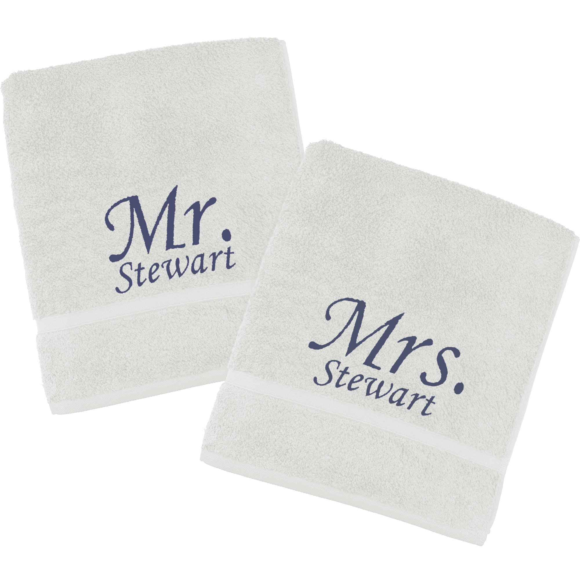 TeddyT's Personalised Mr & Mrs Embroidered Towels Gift Set (All White with Oxford Blue, Hand Towel (80x50cm))