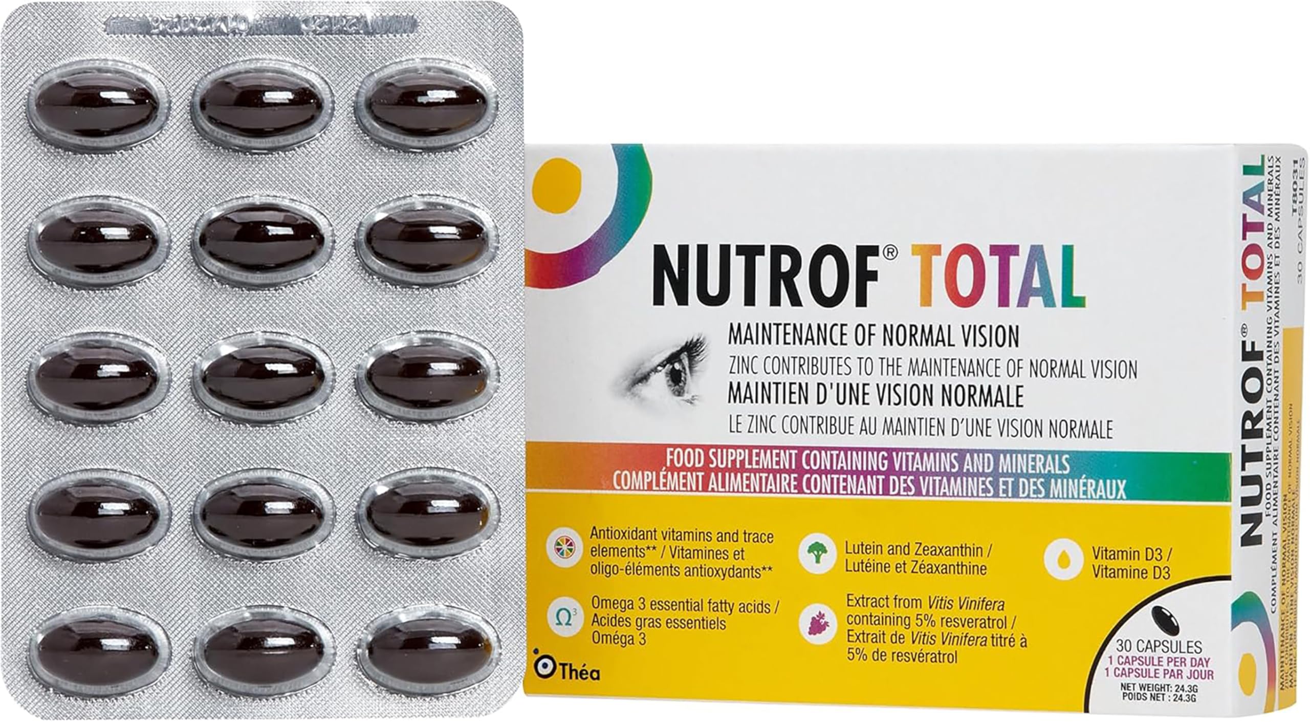 Nutrof Total Capsules – Eye Health Supplement with Lutein, Zeaxanthin, Omega 3, and Antioxidants | Essential Nutrients for Optimal Eye Health | Pack of 30 Capsules (1 Capsule per Day - 1-Month Supply)