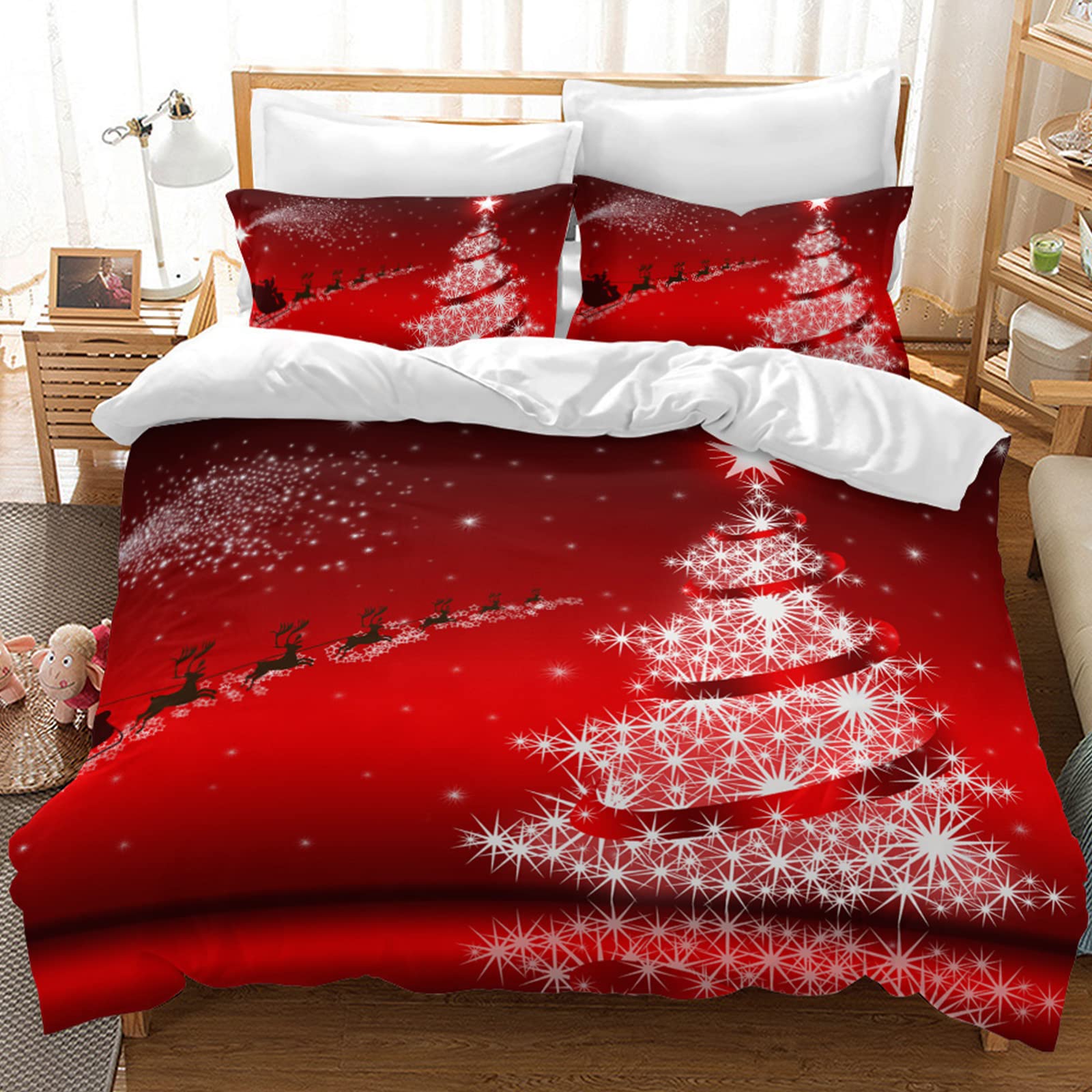 Copripiumino Stampato Albero di Natale Set Letto Microfibra con Cerniera con 2 federe (Albero di Natale, 135 * 200)