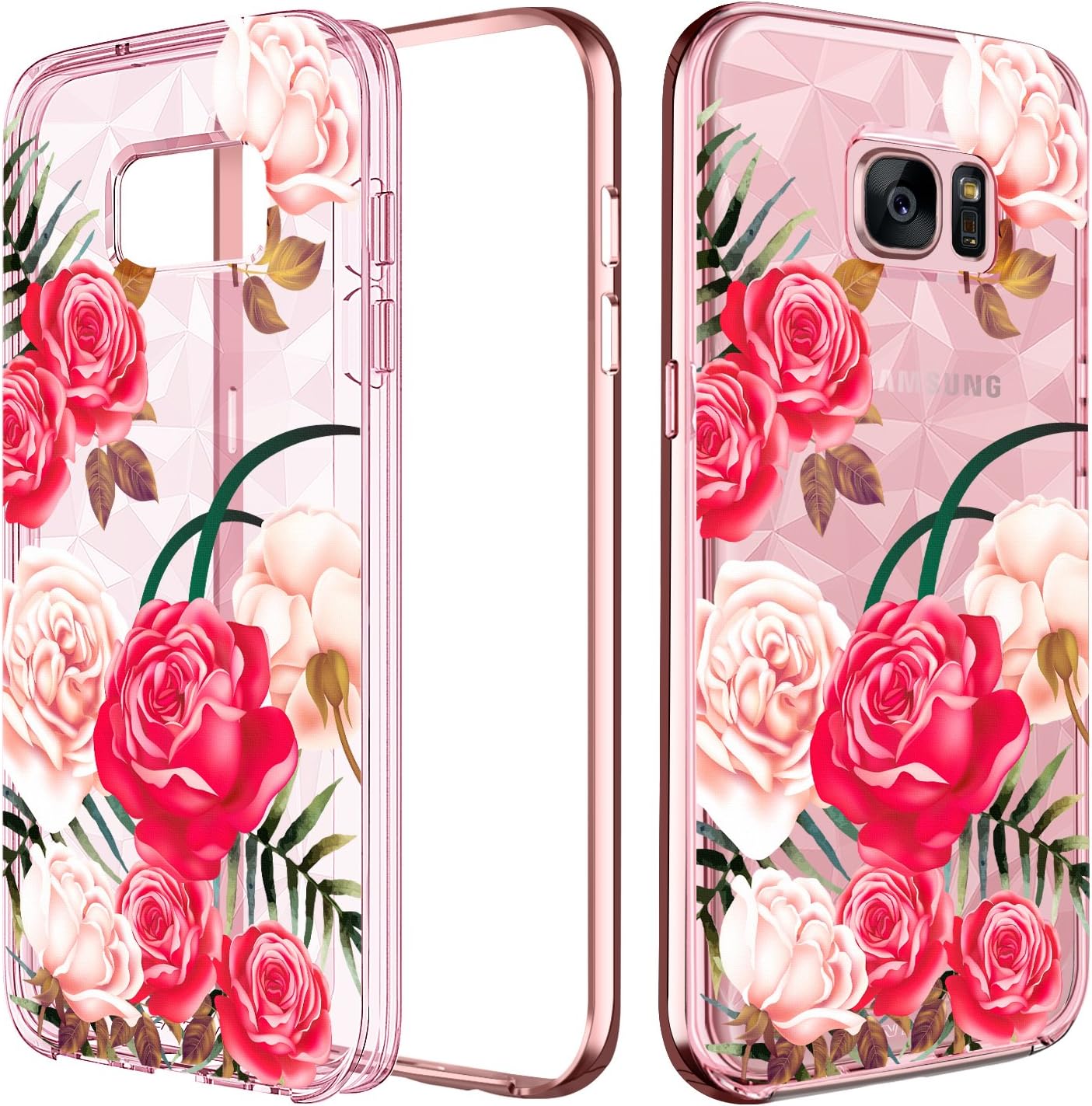 DOMAVER Galaxy S7 Edge Case, Samsung S7 Edge Case Women Girls Geometric Prism Elegant Floral Pattern Soft TPU Hard PC Shockproof Protective Phone Case Cover for Samsung Galaxy S7 Edge, Red