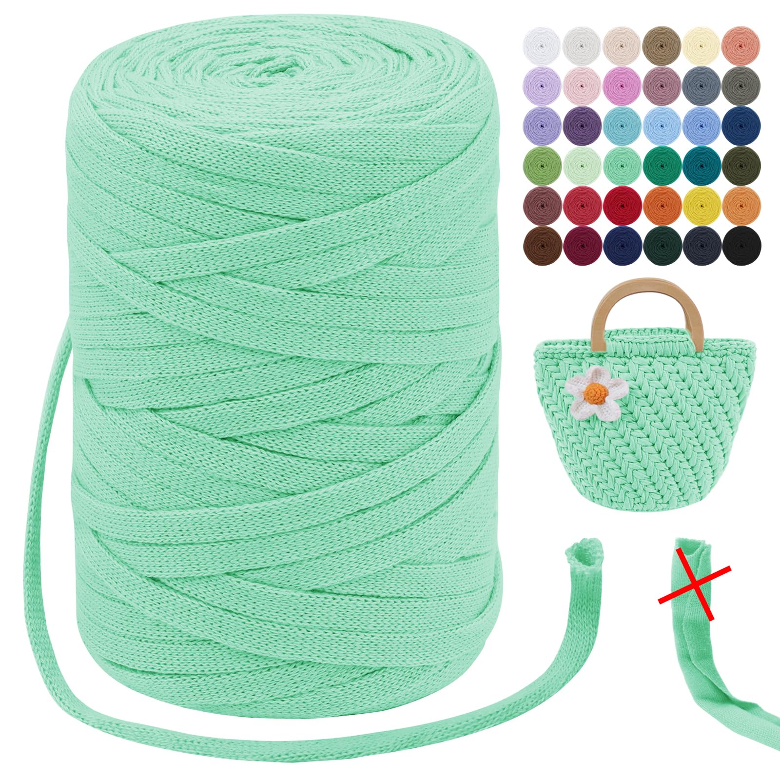 LEREATI T Shirt Yarn for Crocheting 250g/100m Beginner Crochet Yarn 7mm T-Shirt Yarn Polyester Ribbon Yarn for Knitting & Crocheting, for Hand DIY Bag Blanket Cushion Basket (Mint Green) — image 1