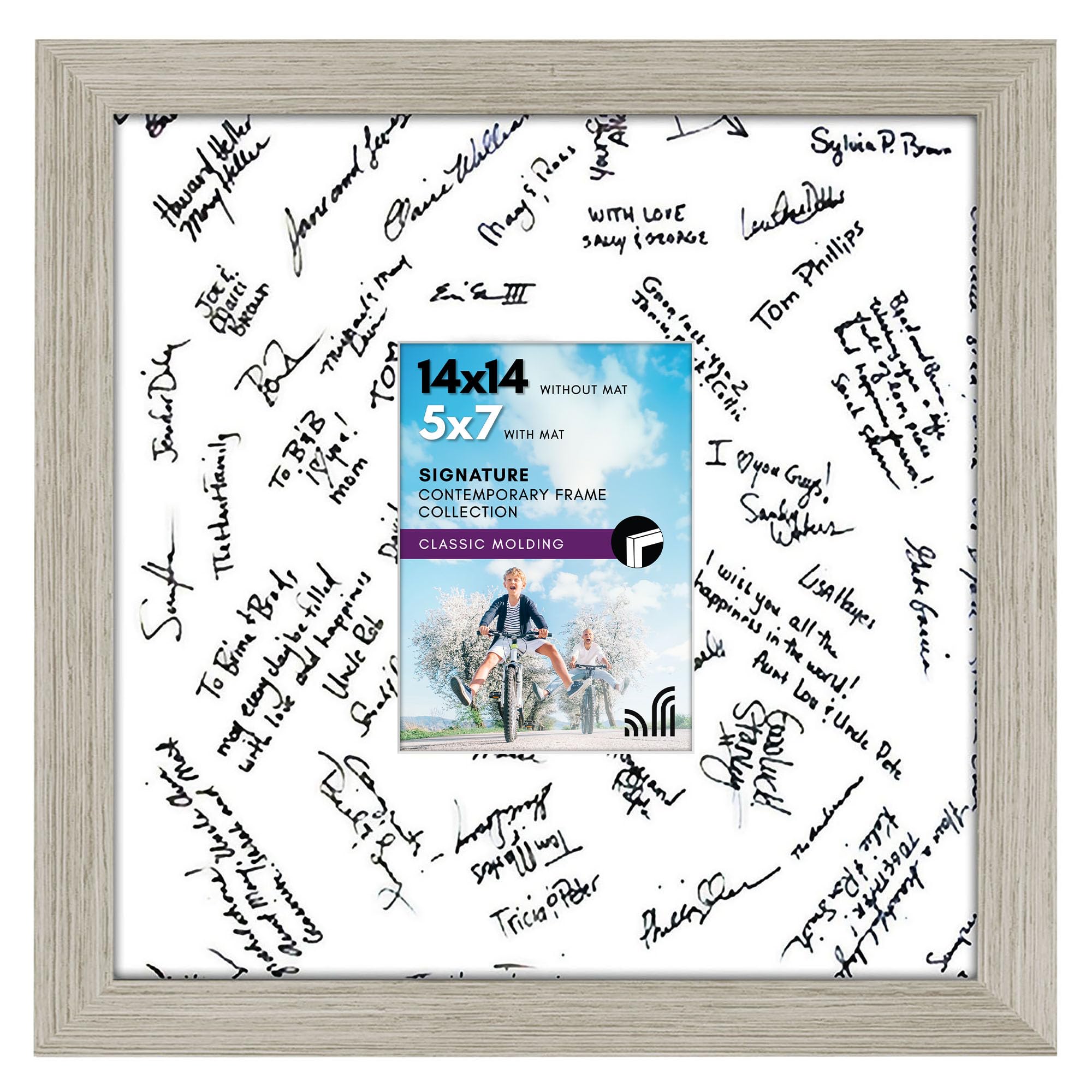 Americanflat 14x14 Wedding Signature Frame with Shatter-Resistant Glass - Use as 5x7 Frame with Mat or Display 14x14 Photos Without Mat - Signature Collection - Autograph Frames for Wall - Driftwood