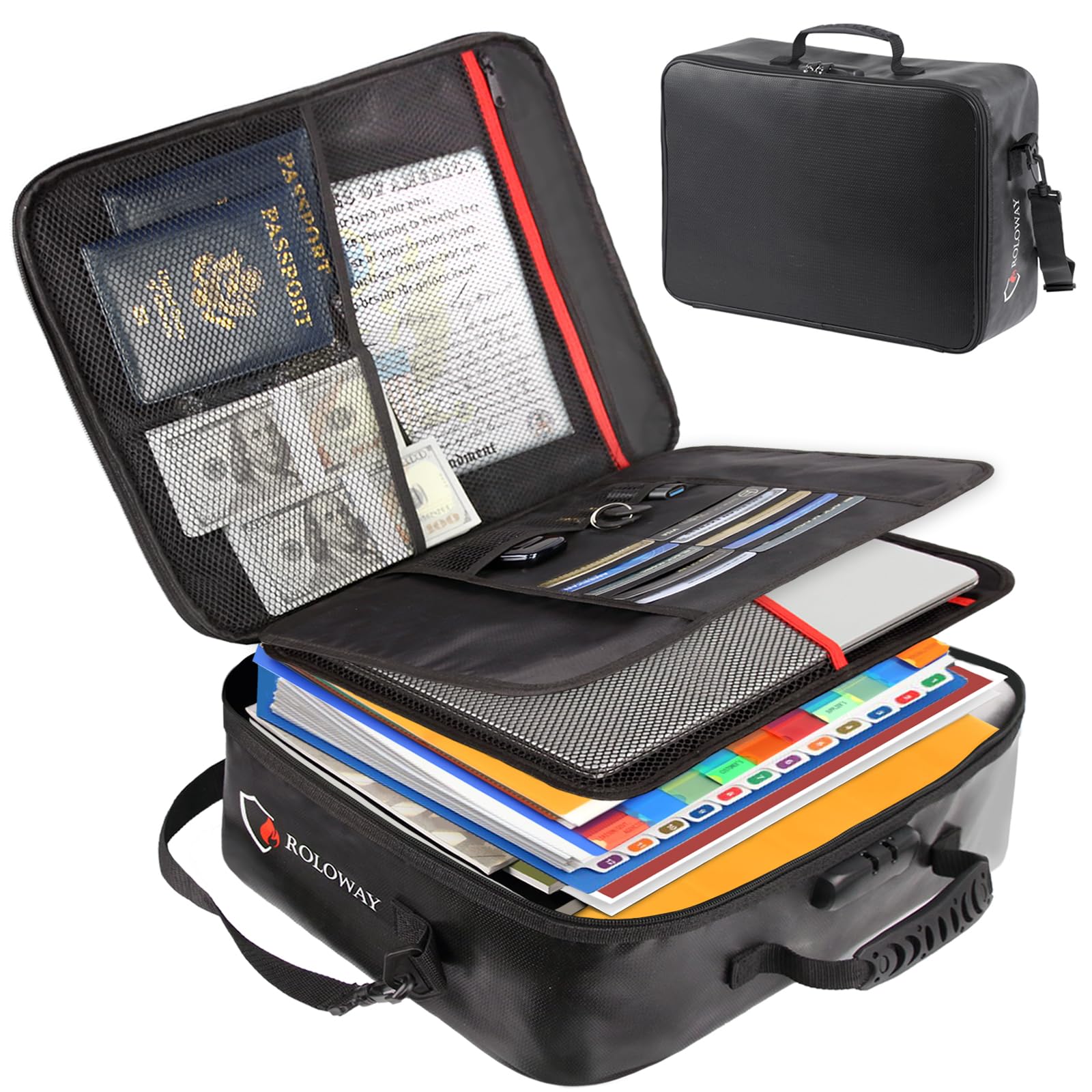 Sac à documents ignifuge (43 x 30 x 13 cm) avec serrure, organiseur de documents ignifuge, sac de rangement avec organiseur de fichiers portable multicouche pour voyage (Noir)