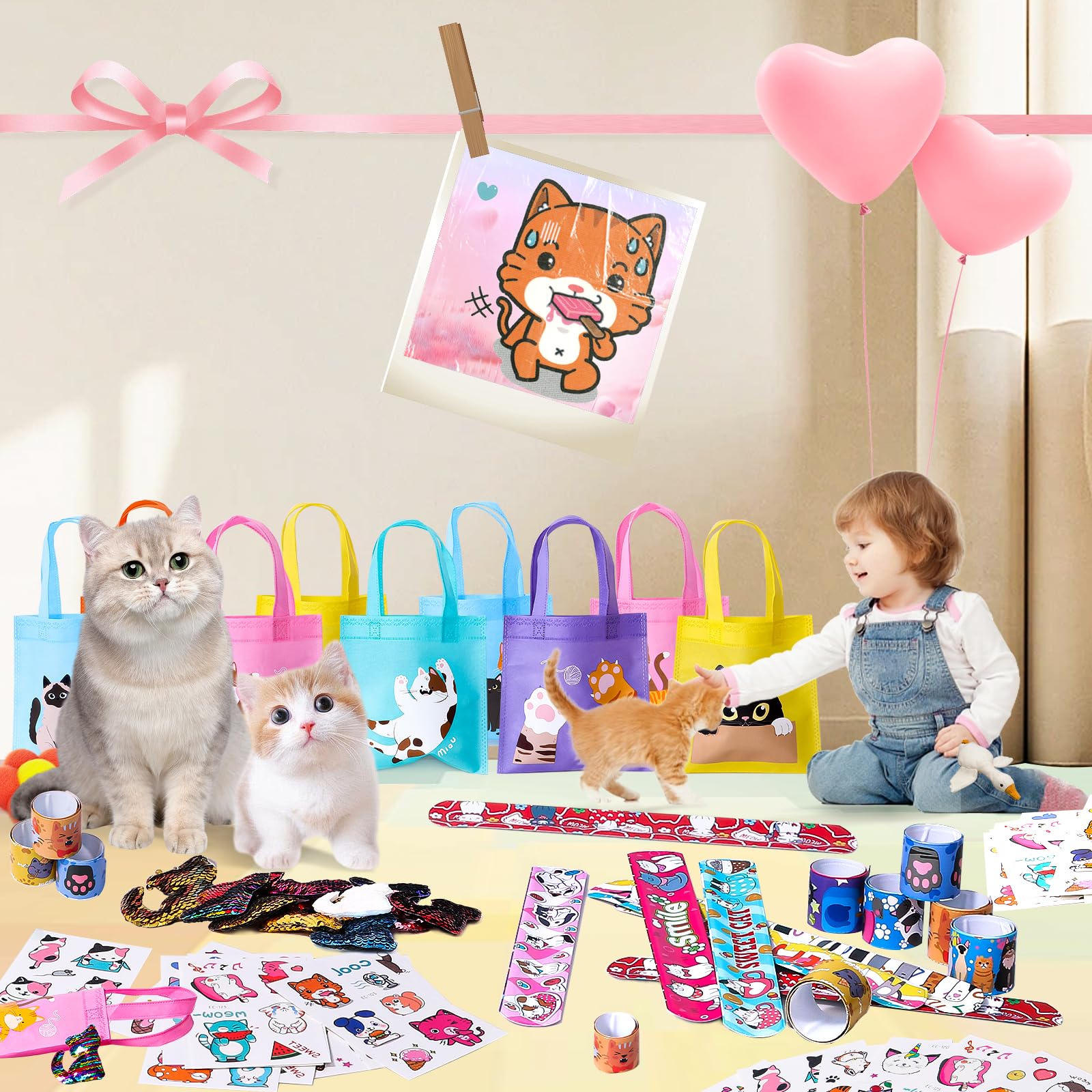 Kit Festa A Tema Gatto Per Bambini - 12 Sacchetti Regalo, Braccialetti, Portachiavi E Adesivi - Foto 11