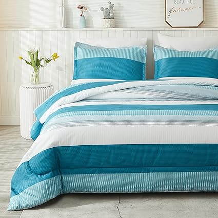 Litanika Full Comforter Set White Teal - 3 Pieces Lightweight Fluffy Bedding Comforter Sets, All Season Down Alternative Comforter (1 Comforter, 2 Pillowcases)