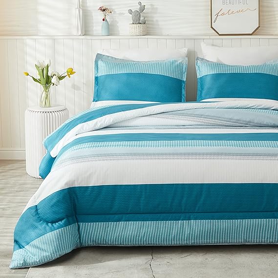 Litanika Full Comforter Set White Teal - 3 Pieces Lightweight Fluffy Bedding Comforter Sets, All Season Down Alternative Comforter (1 Comforter, 2 Pillowcases)