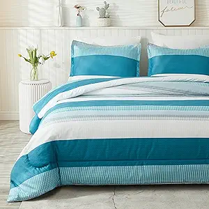 Litanika Full Comforter Set White Teal - 3 Pieces Lightweight Fluffy Bedding Comforter Sets, All Season Down Alternative Comforter (1 Comforter, 2 Pillowcases)