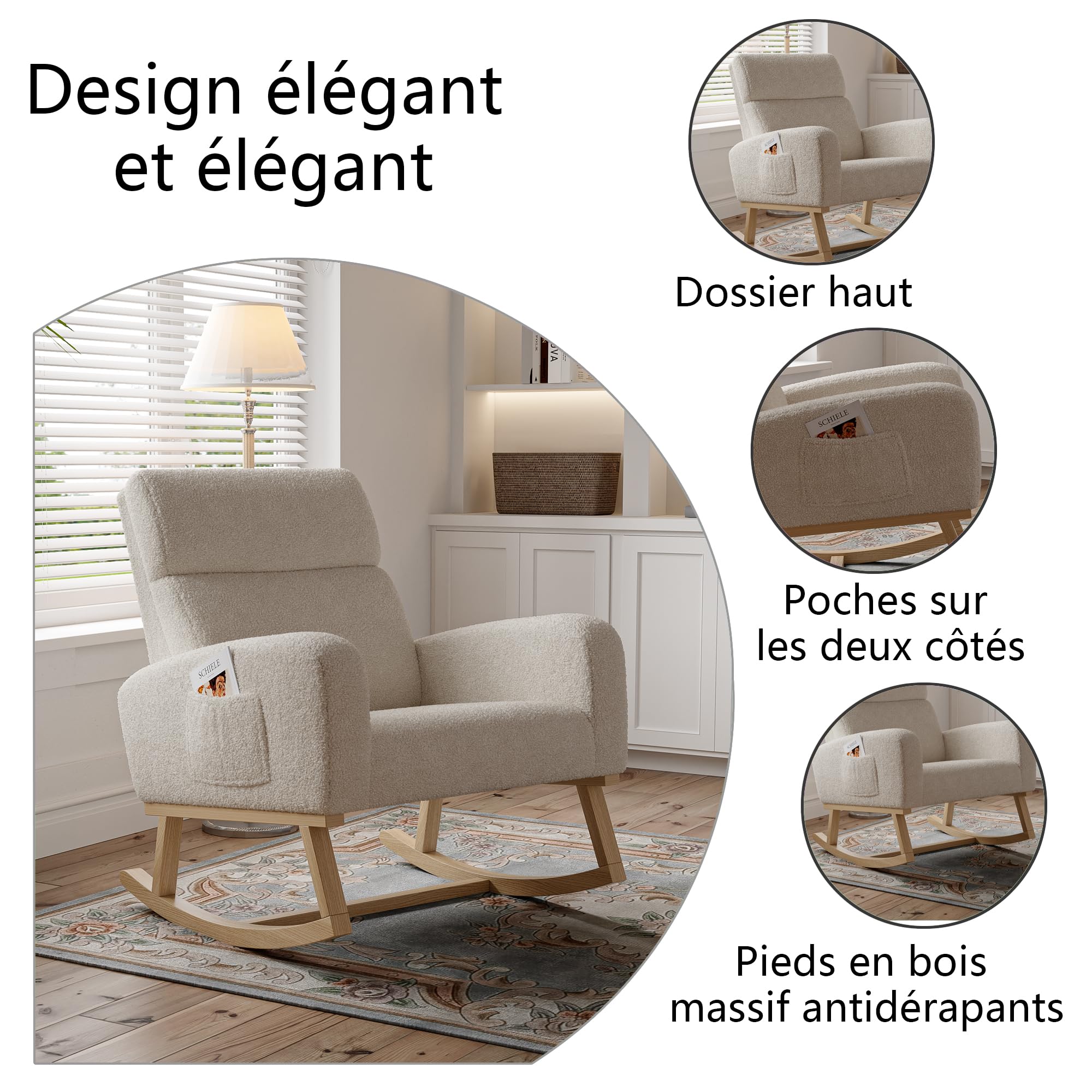 Générique Fauteuil à Bascule,Rocking Chair,Chaise à Bascule avec Polaire Sherpa,Fauteuil Allaitement,Chaise à basule,avec Pieds en Bois Massif pour Salon Chambre à Coucher,Bureau (Beige-014)