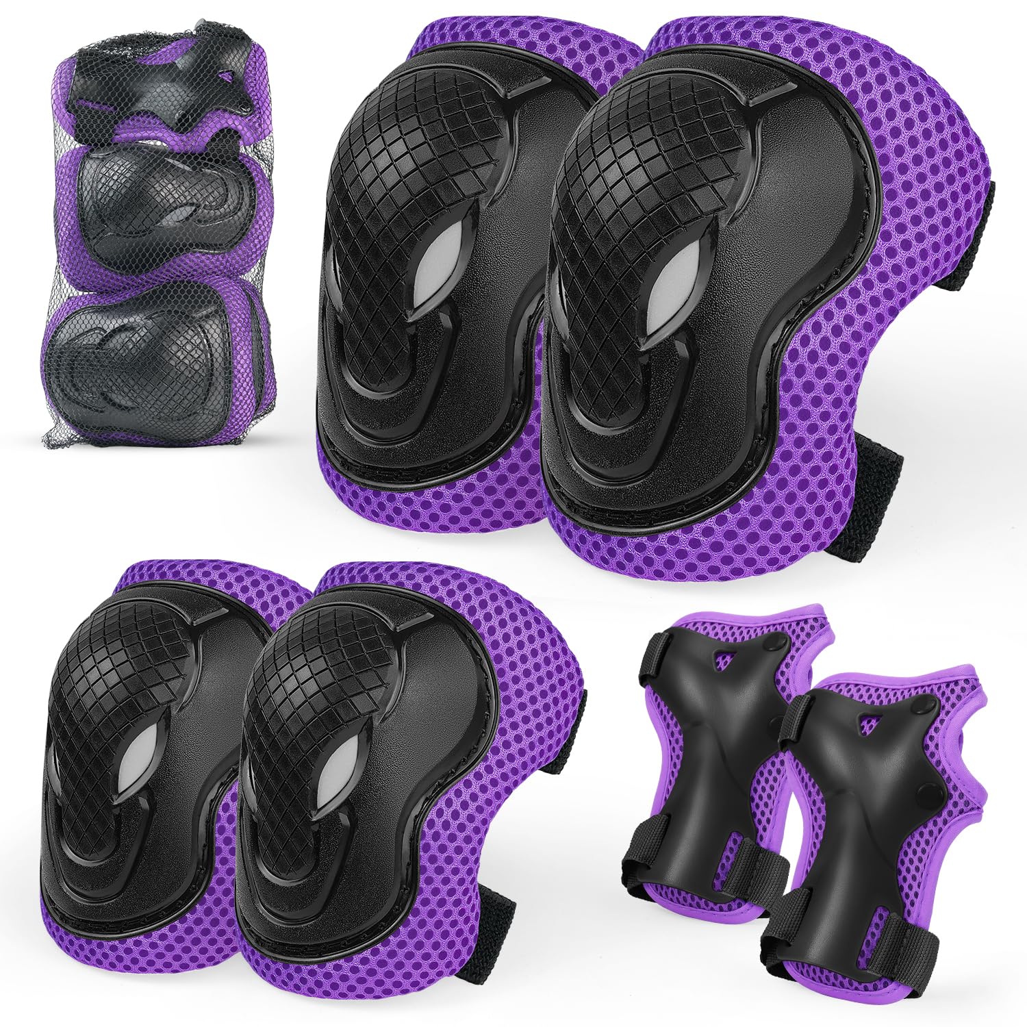 Kids Knee And Elbow Pads,6 in 1 Adjustable Kids Sports Protective Gear Set With Mesh Bag for Skateboard, Roller Skating, Biking, And Outdoor Multi-Sports (Purple, S)