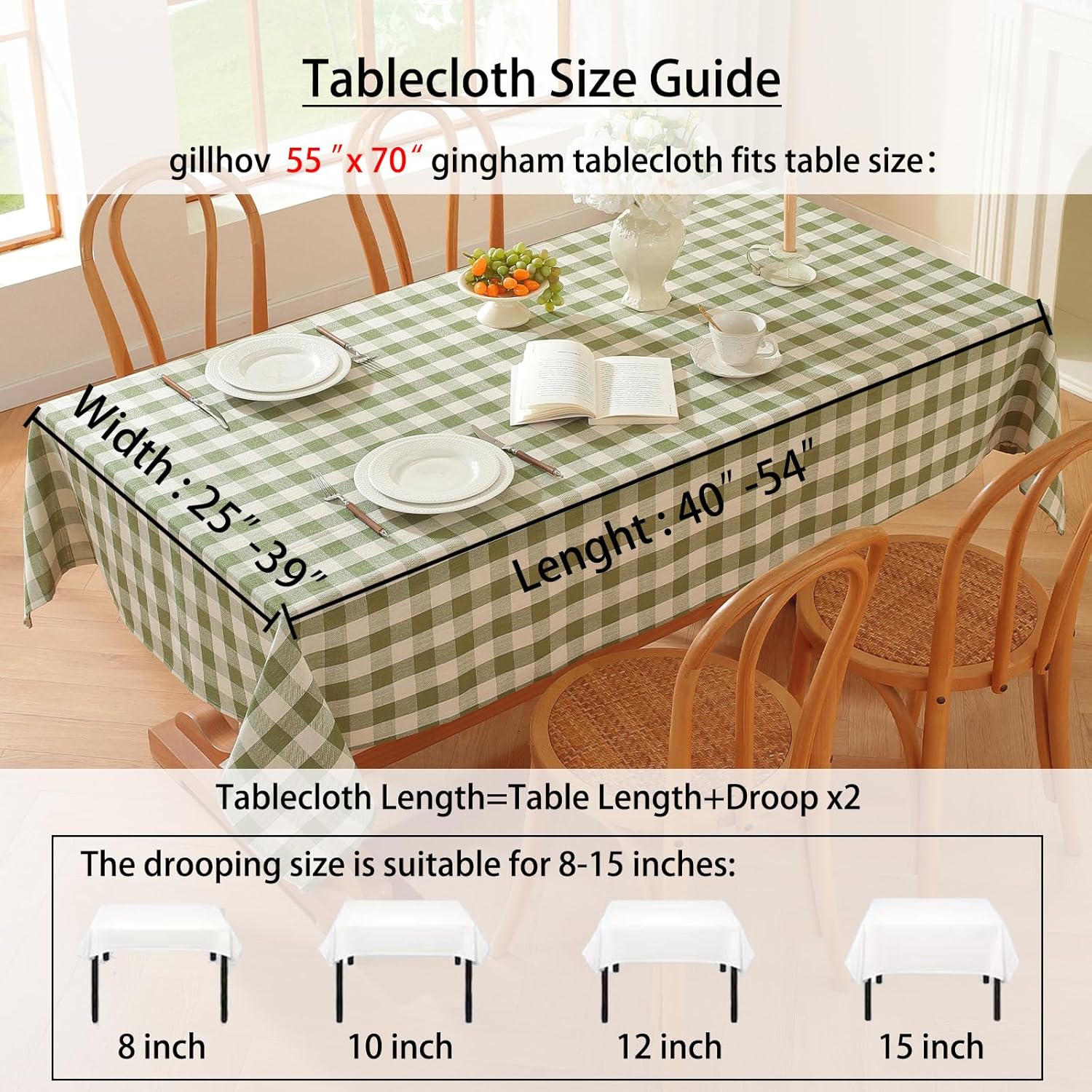 Gingham Tablecloth Rectangle Checkered Table Cloth Cotton Linen Fabric Wrinkle Free Washable Buffalo Plaid Table Cover for Kitchen Dining Picnic Camping, Green and White, 55 * 70 inch