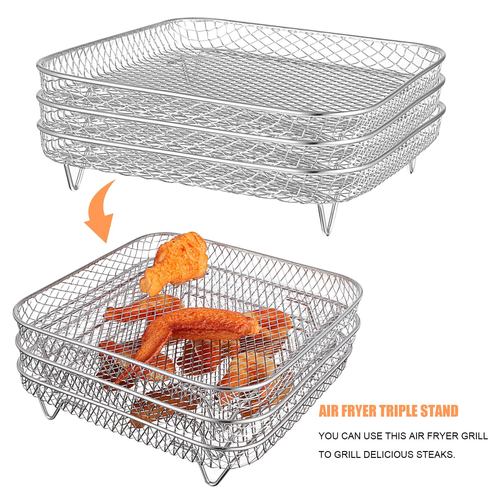 Didiseaon Rejillas Apilables para Freidora de Aire 3 Piezas de Acero Inoxidable Cuadradas Deshidratadoras con Pinzas Torre de Rejillas para Alimentos Accesorio para Freidoras de Aire