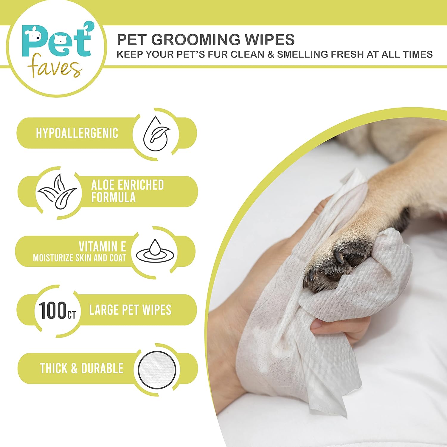 Pet Faves Dog Wipes for Paws and Butt - Plant Based Deodorizing Hypoallergenic Grooming Wipes with Aloe & Vitamin-E. Unscented and Alcohol Free Pet Wipes for Dogs and Puppies. 100 Count : Pet Supplies