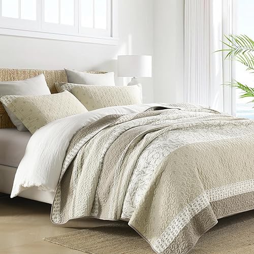 Miniatura 2 de KALOOLA Juego de ropa de cama tamaño Queen, 100% algodón, color verde oliva, gris, floral, rayas, queen, reversible, ligero, para todas las